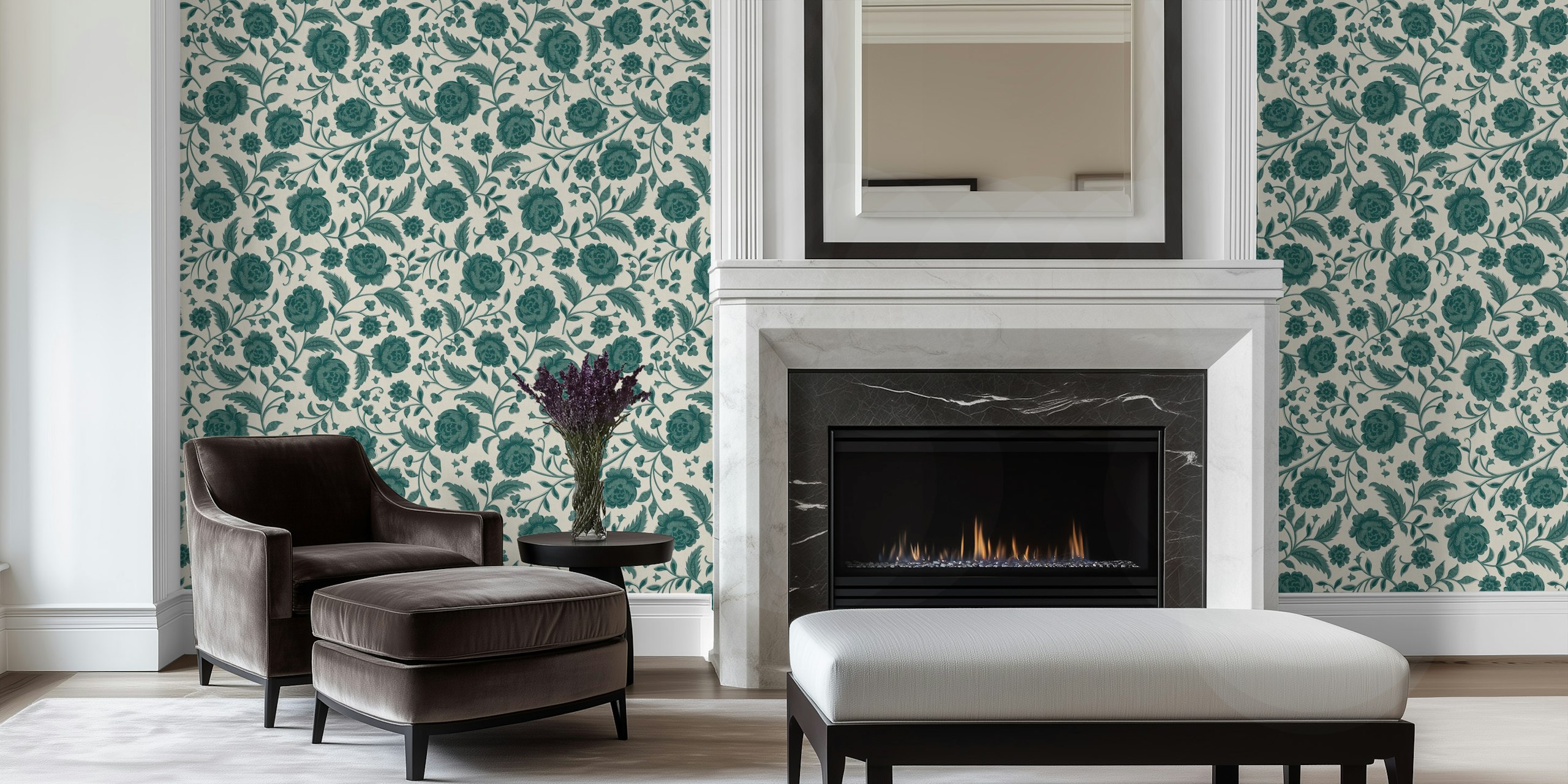 Teal floral tapet i et stilfuldt interiør