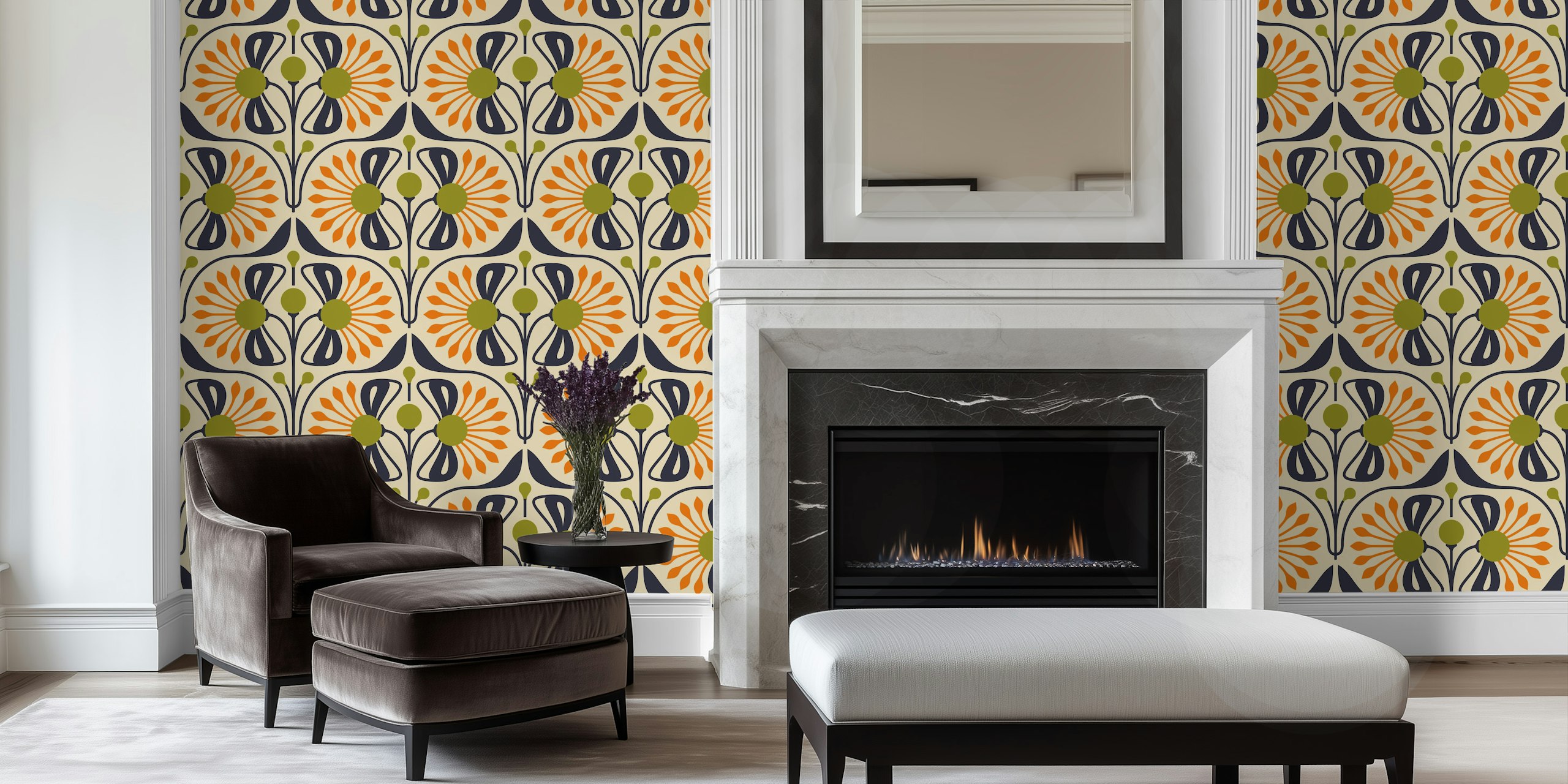Retro blossom wallpaper i varme farver