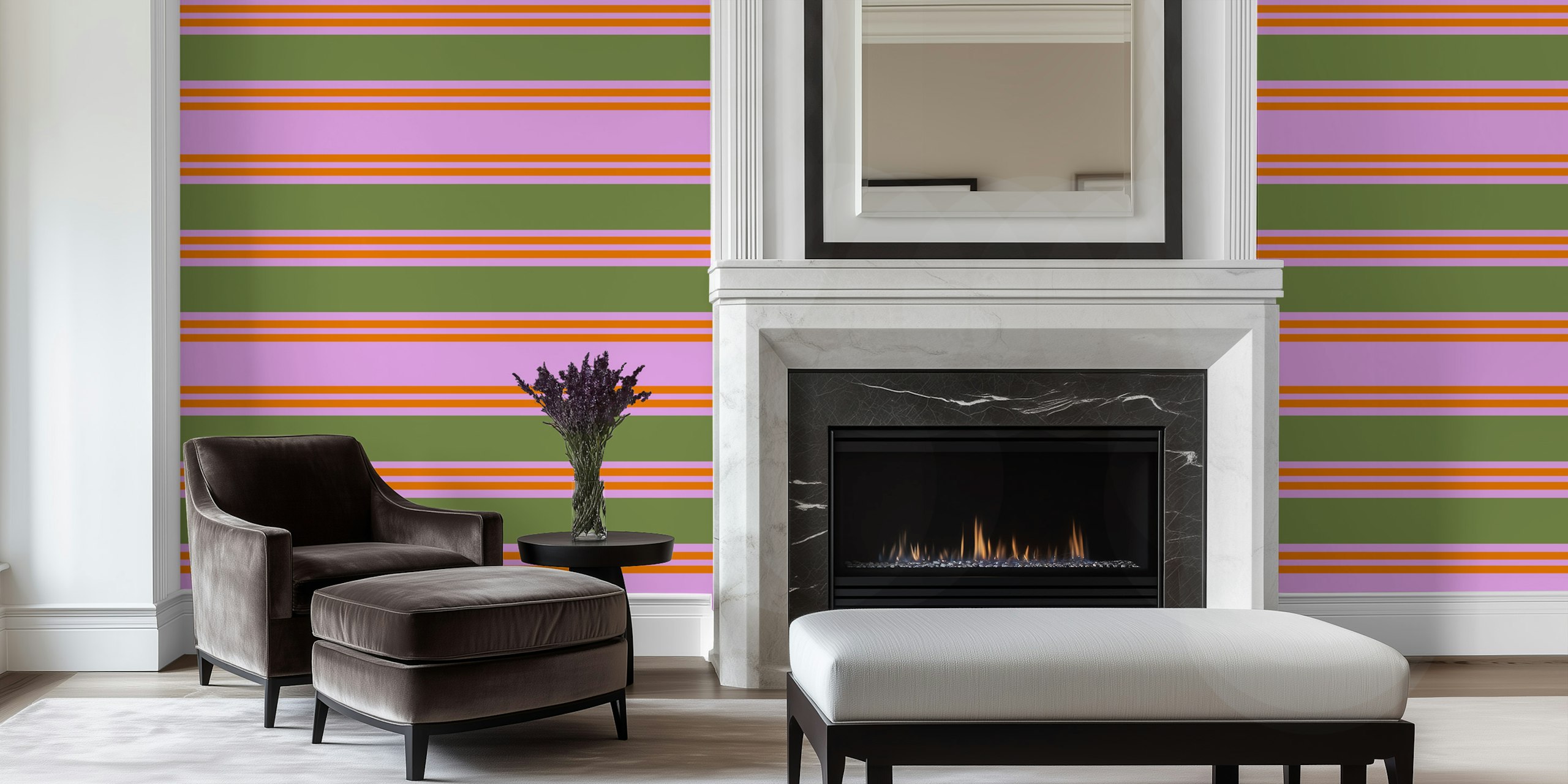 Colorful striped wallpaper featuring pink, orange, and green bands