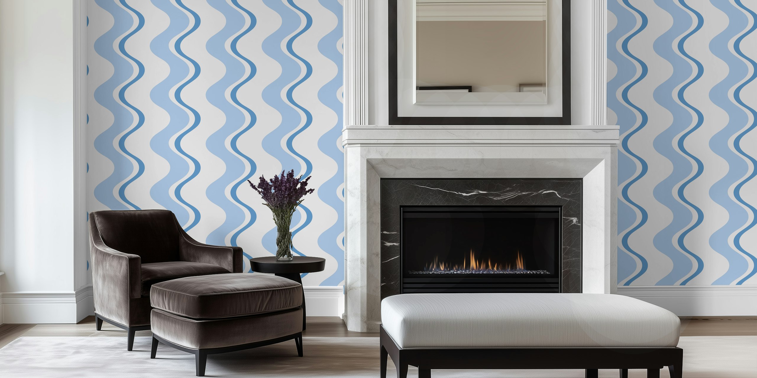 Playful wiggle wave stripes - blue and white en una habitación