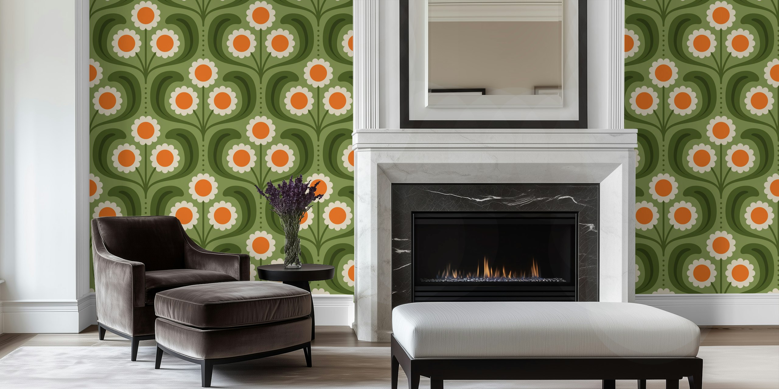Groovy Daisy in Green Orange wallpaper in a room