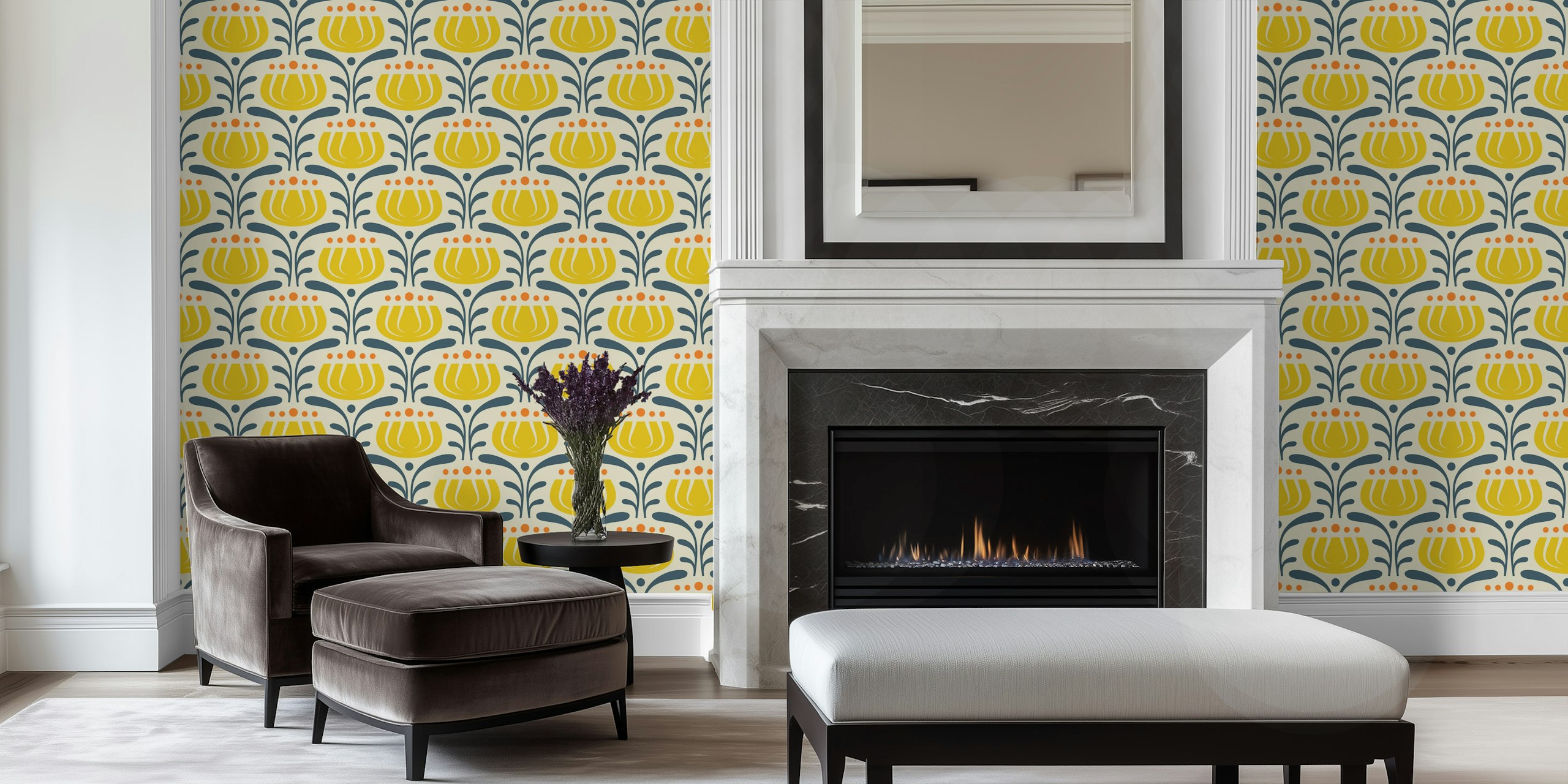 Yellow tulips with blue leaves pattern wallpaper