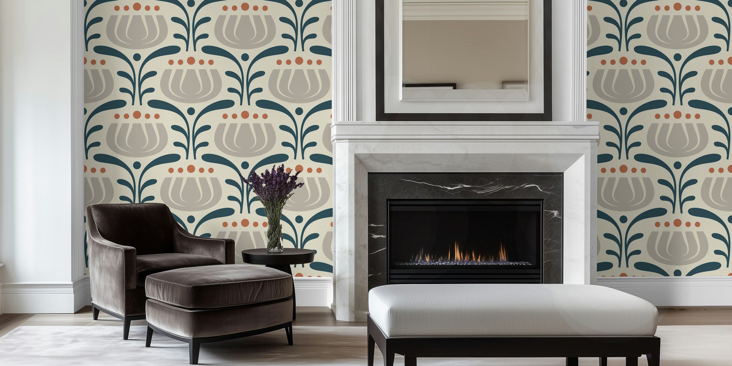 Stylish vintage tulip wallpaper in a room