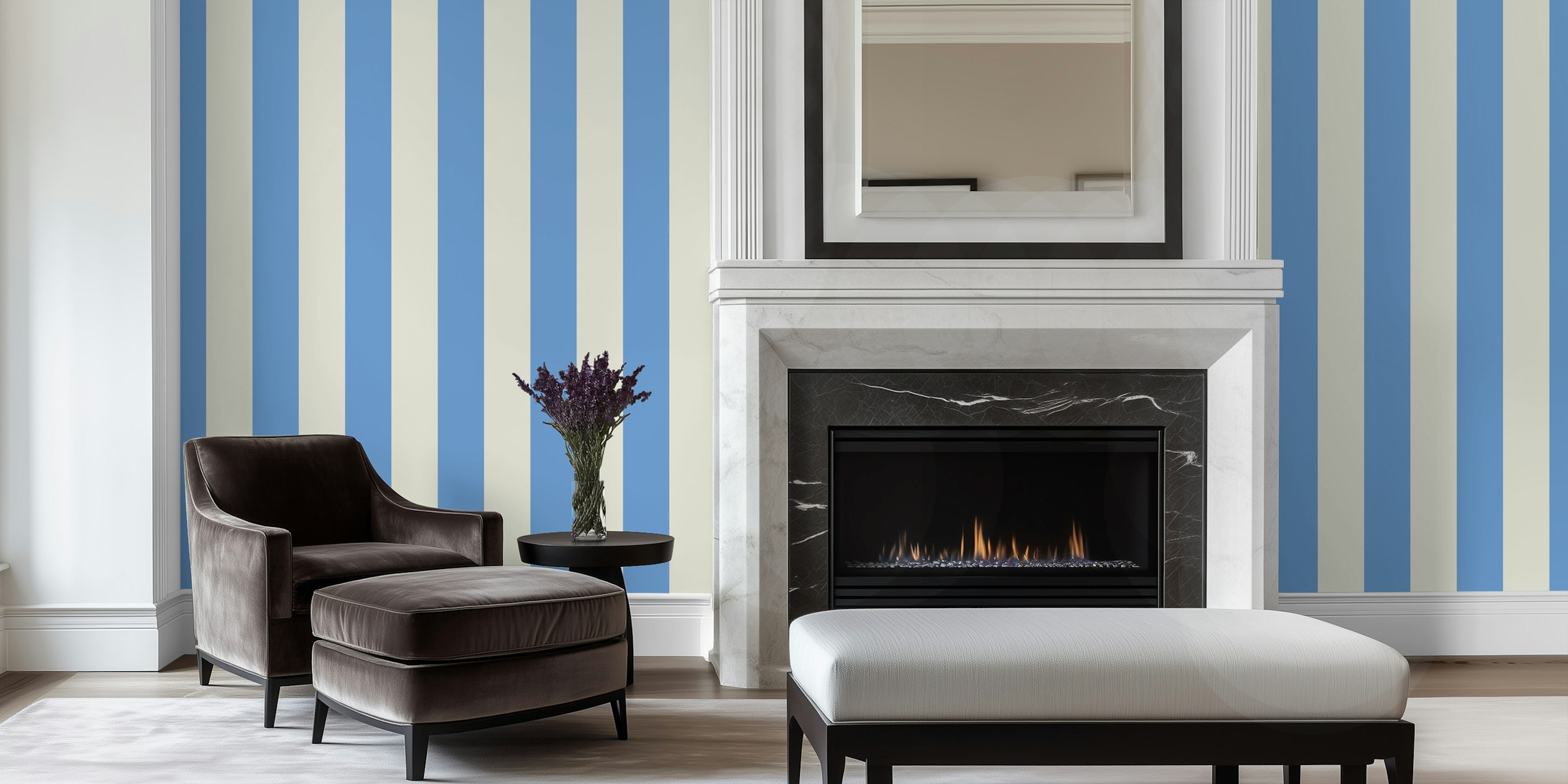 Blue and cream awning stripe wallpaper in a room