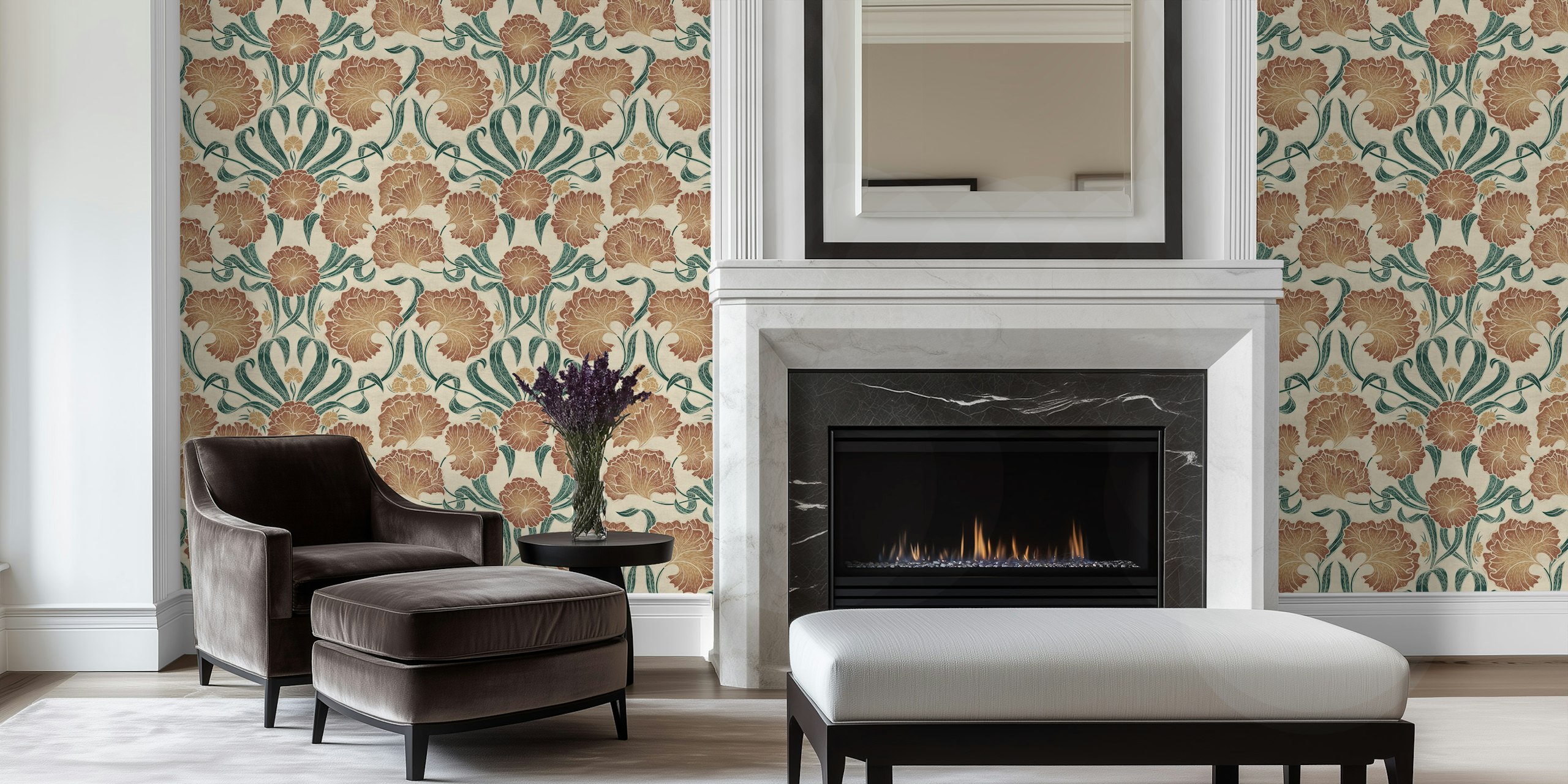 Block Print Antique Botanical Art wallpaper in room