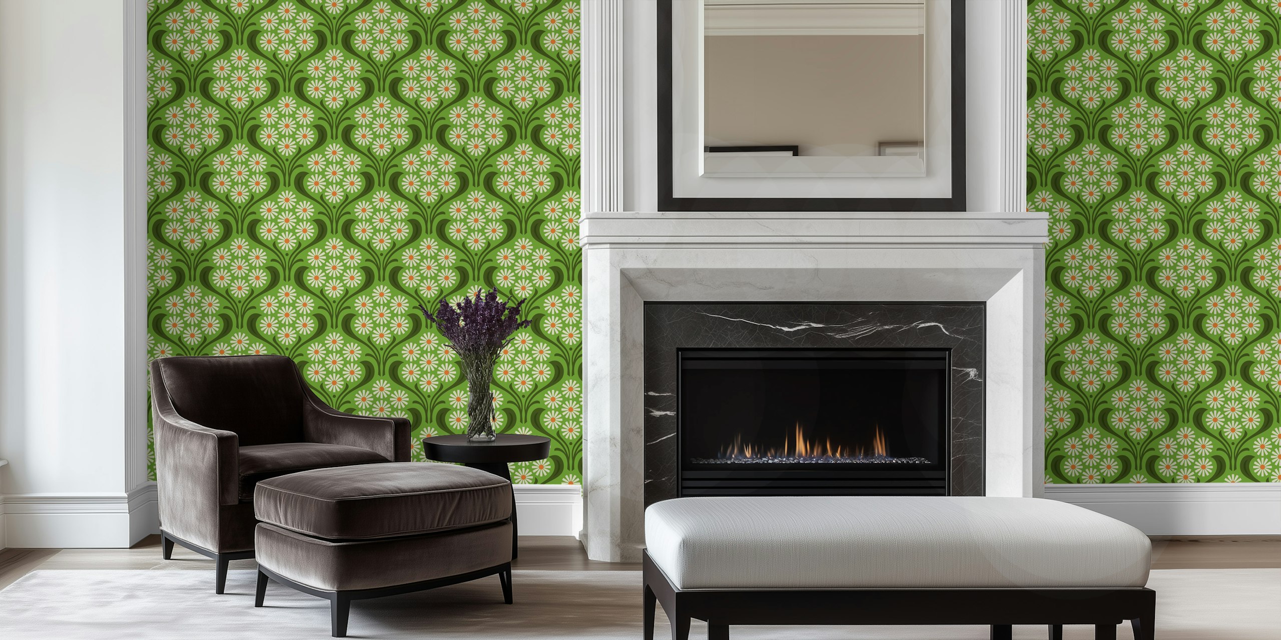 Vintage daisy floral pattern in green and white wallpaper