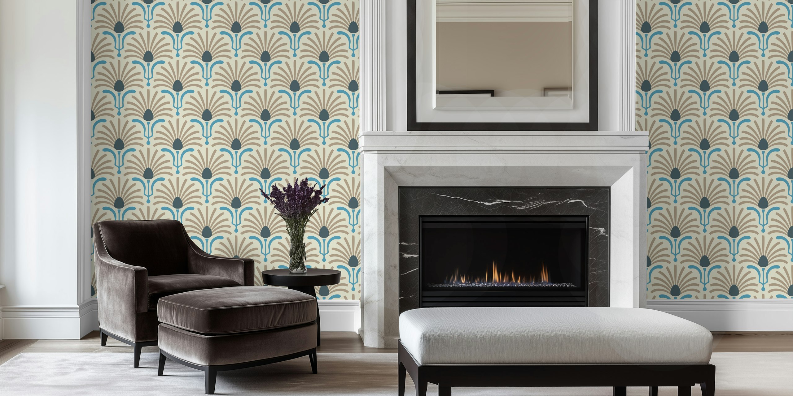 Bohemian Daisy Burst in Blue Gray wallpaper in a room