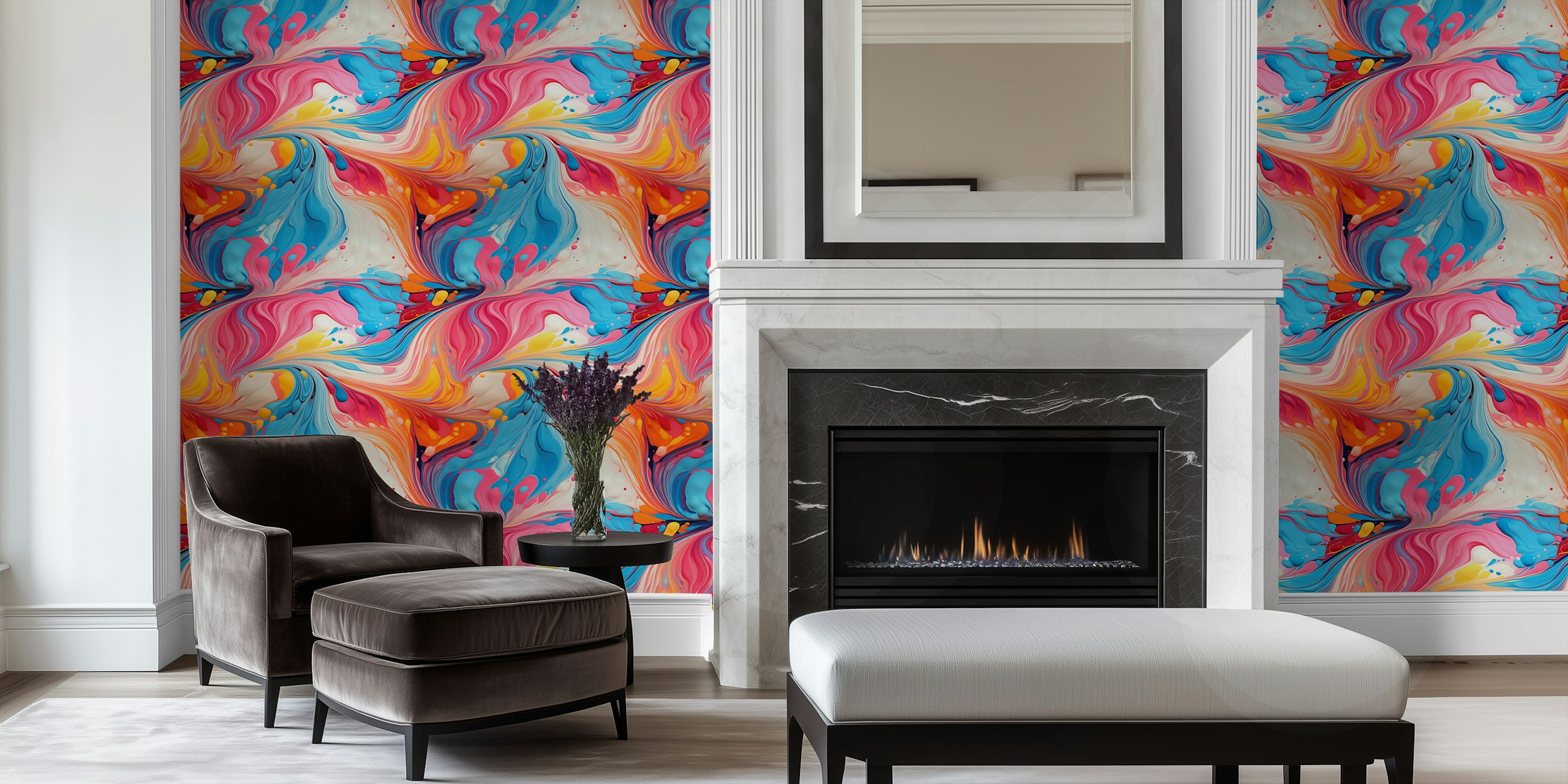 Swirling Color Fusion wallpaper in a room setting