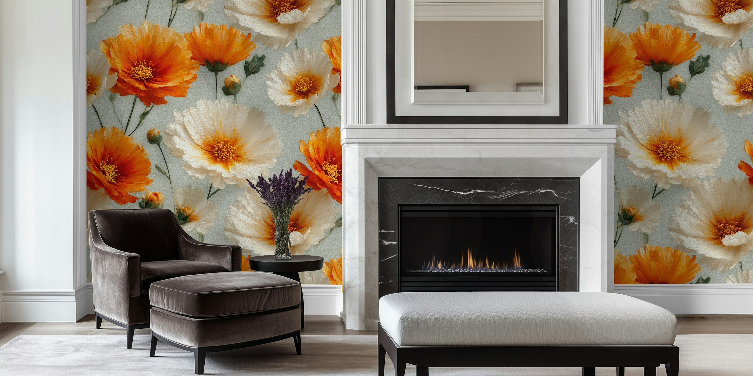 Orange and cream floral design on soft background wallpaper