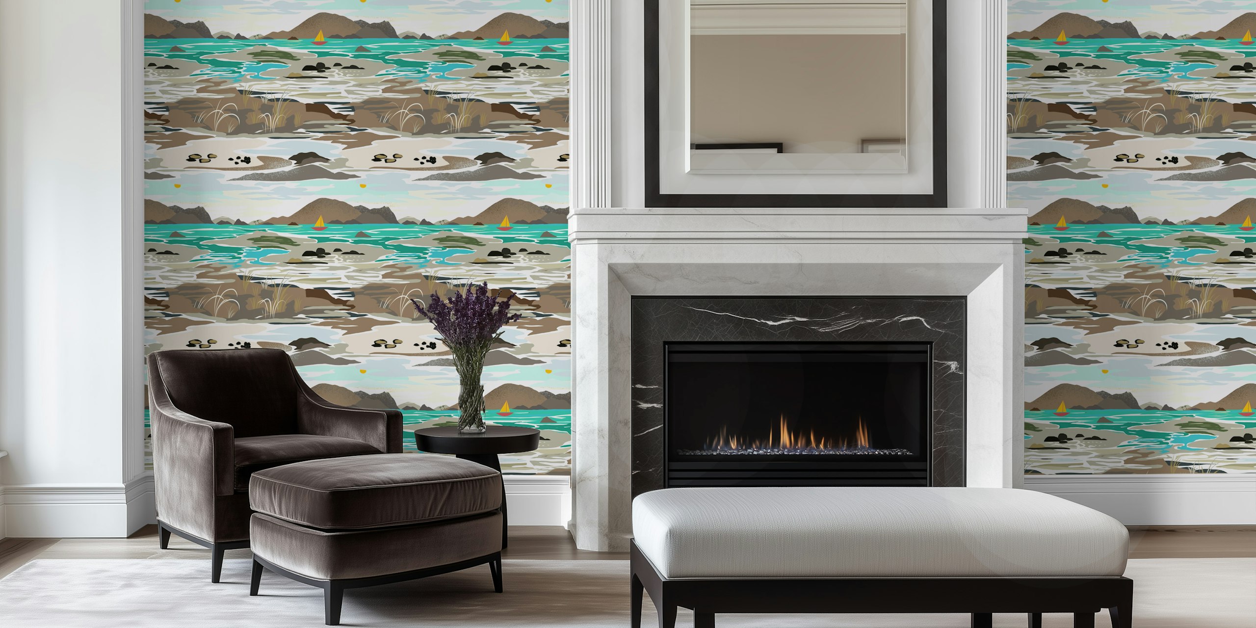 Coastal landscape with teal water, brown rocks, and mountains wallpaper