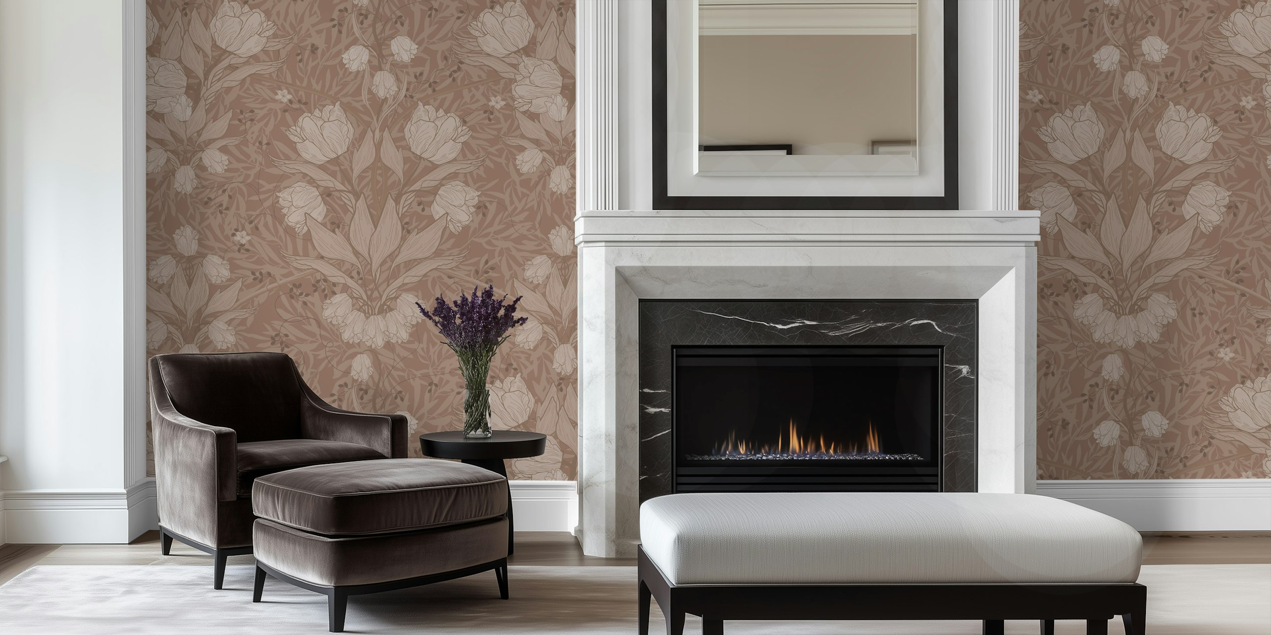Art Nouveau floral wallpaper featuring tulips in mocca tones