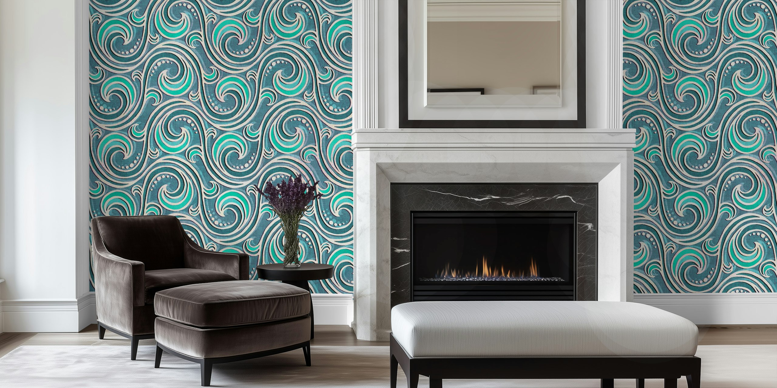 Stylized waves in seafoam teal and white on textured background wallpaper
