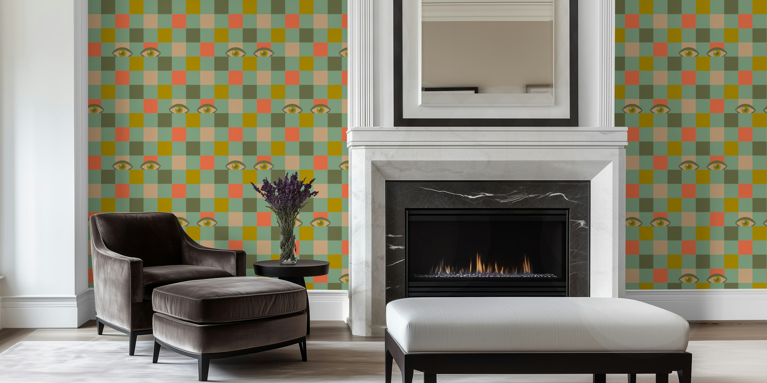 Checkerboard pattern with retro eyes in mint green, peach, and brown wallpaper