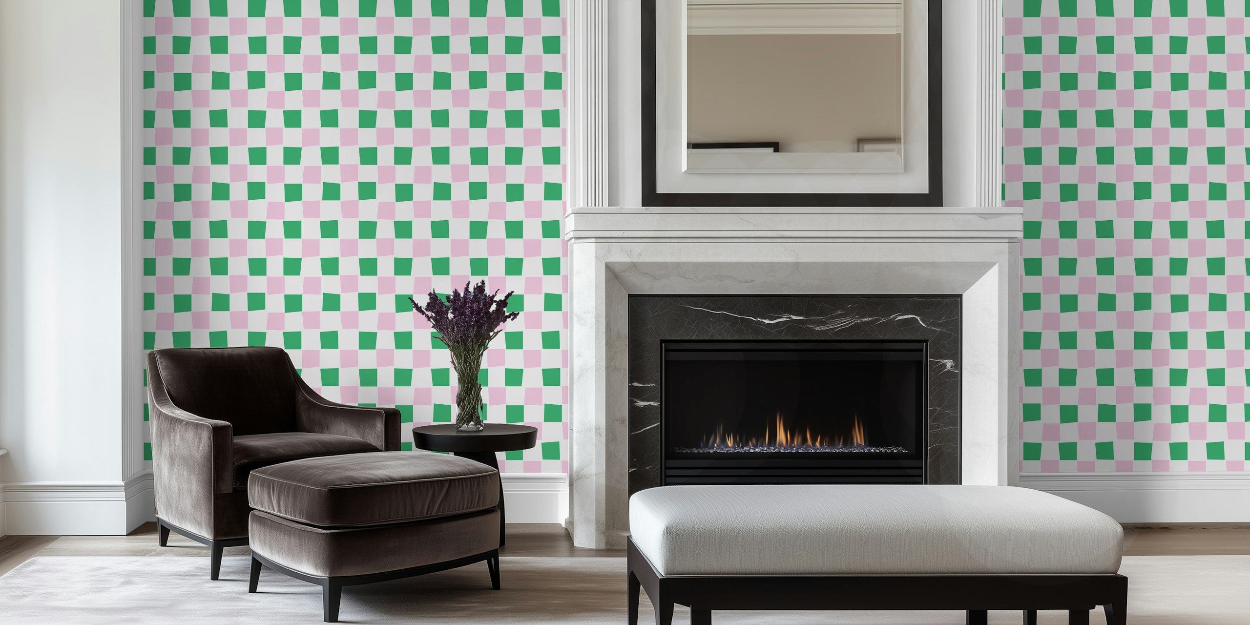 Ταπετσαρία Green and Pink Checkers σε ένα δωμάτιο