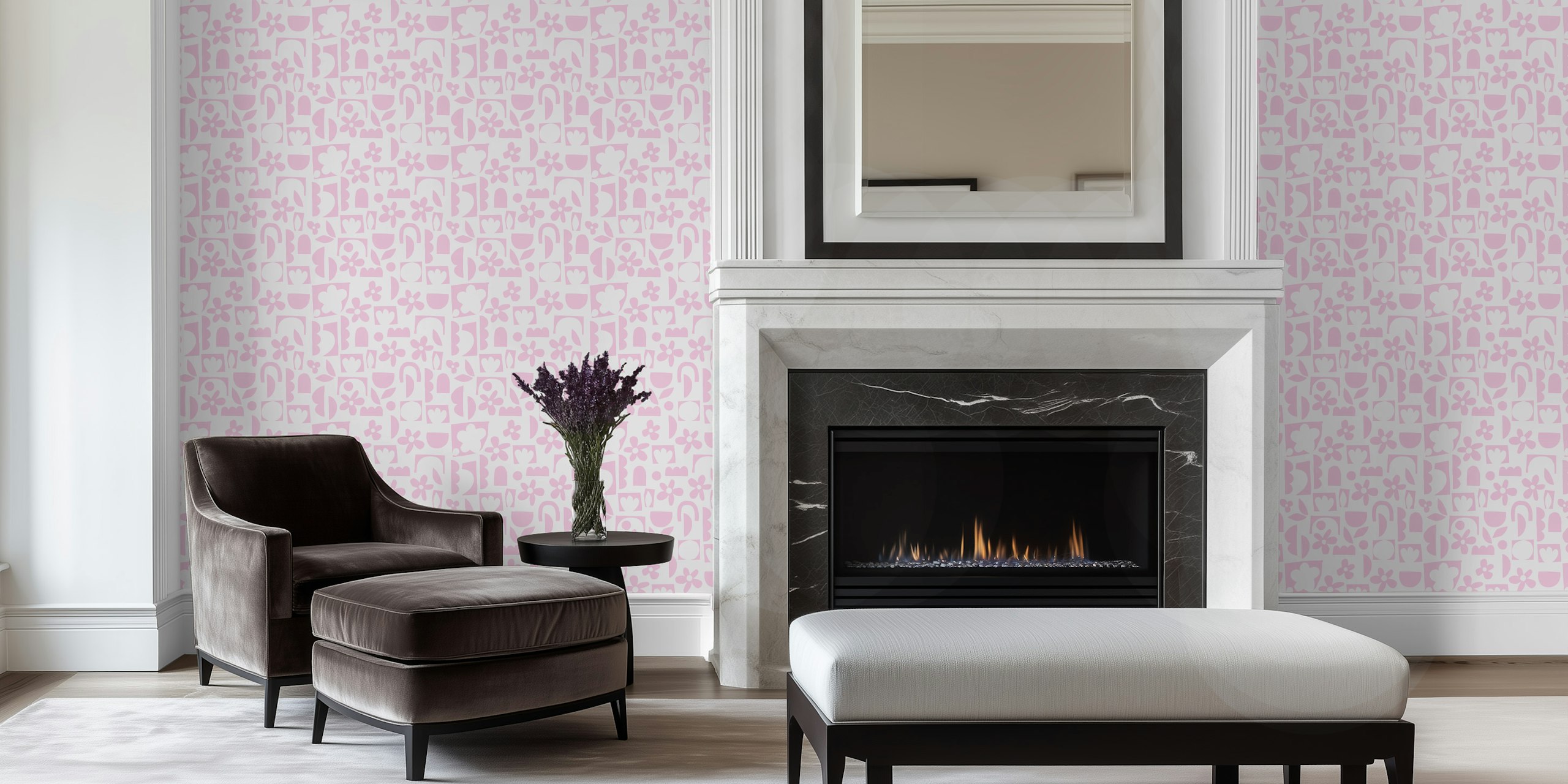 Cheerful pink floral shapes and geometric patterns wallpaper