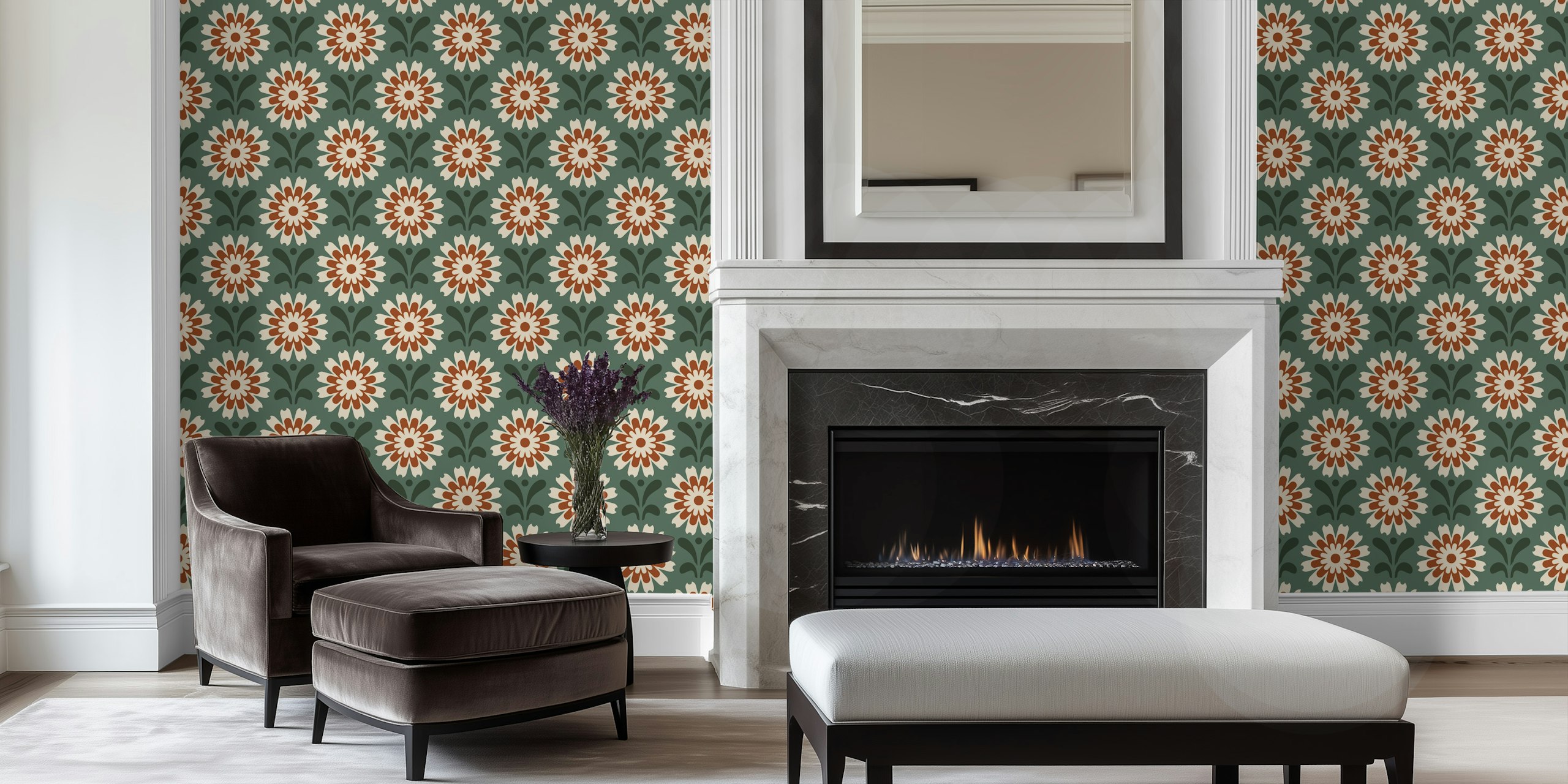 Floral design with green background and red flowers wallpaper