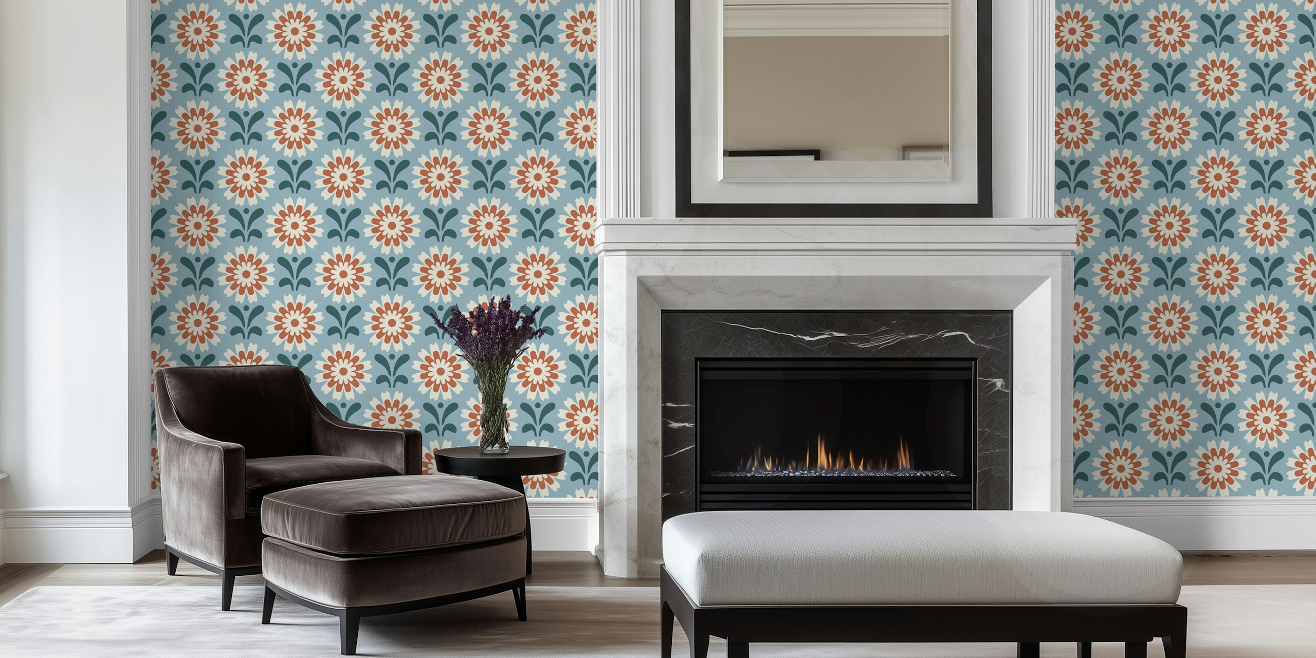 Rustic floral pattern with blue background, red and cream flowers, wall mural