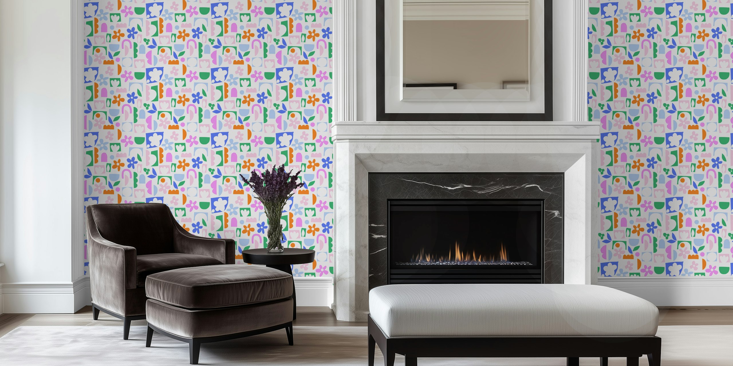 Vibrant floral shapes wallpaper in a room