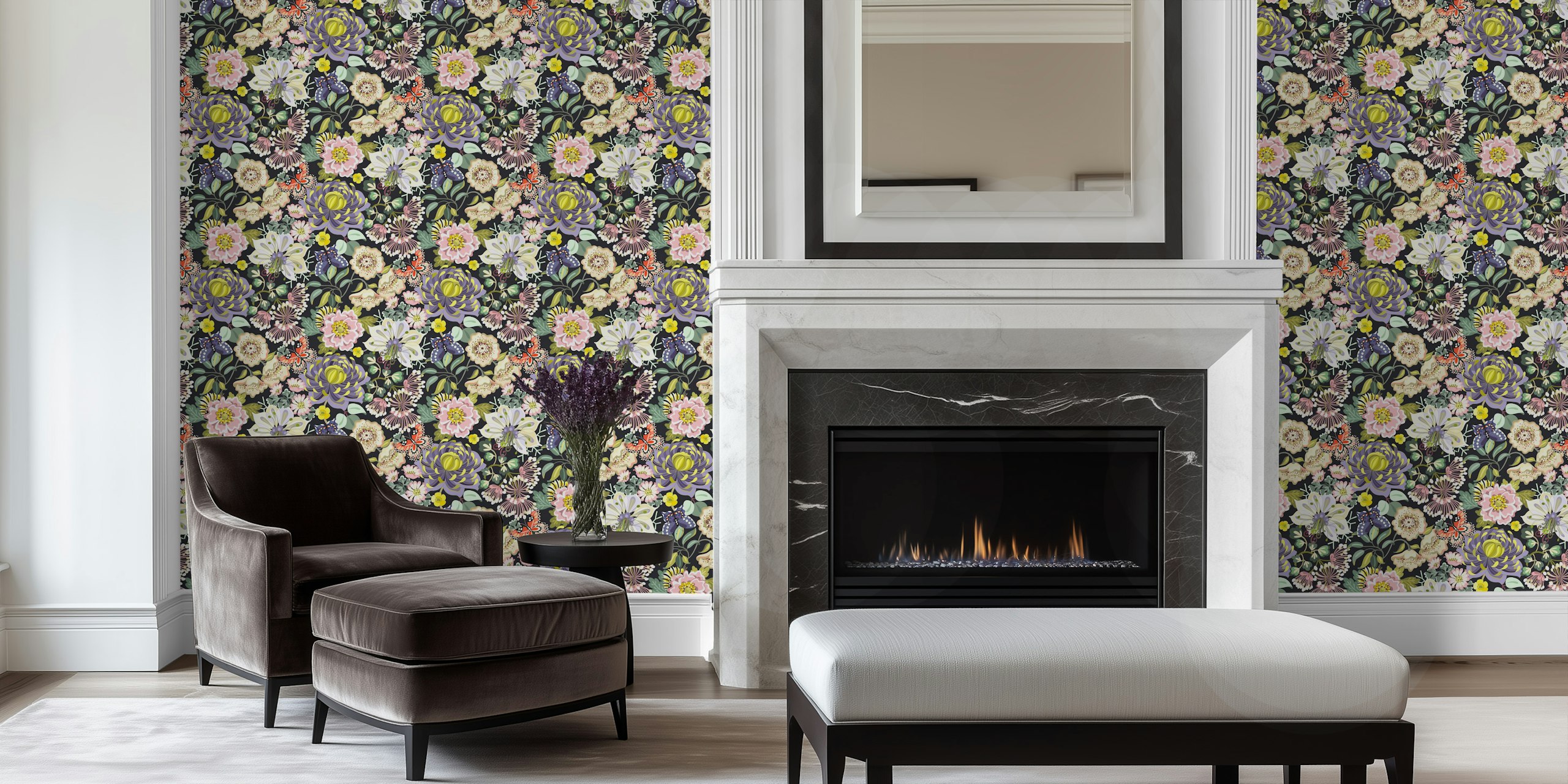 Dark florals small scale wallpaper in a room