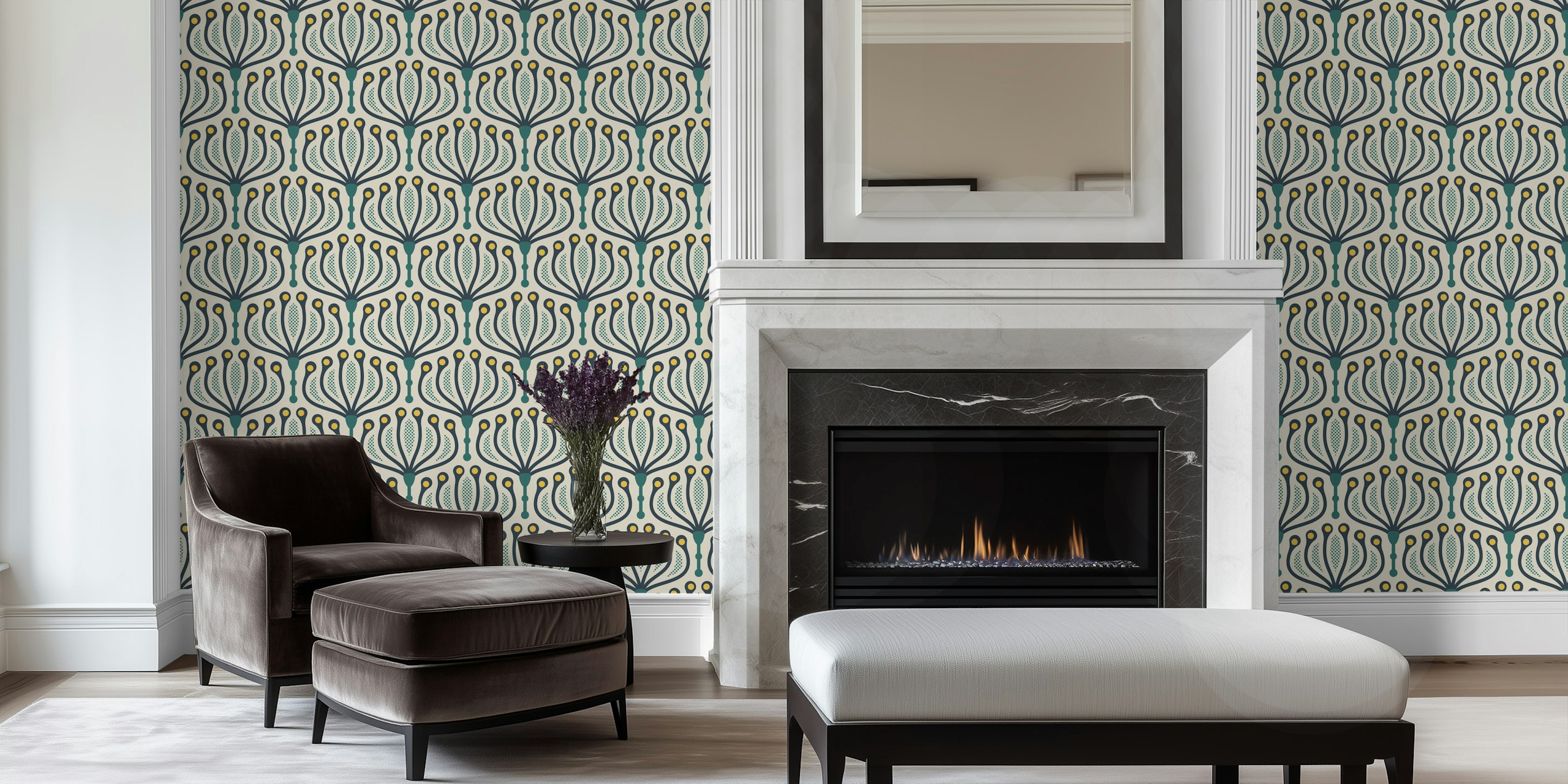 Geometric floral patterns in green and yellow on cream wallpaper