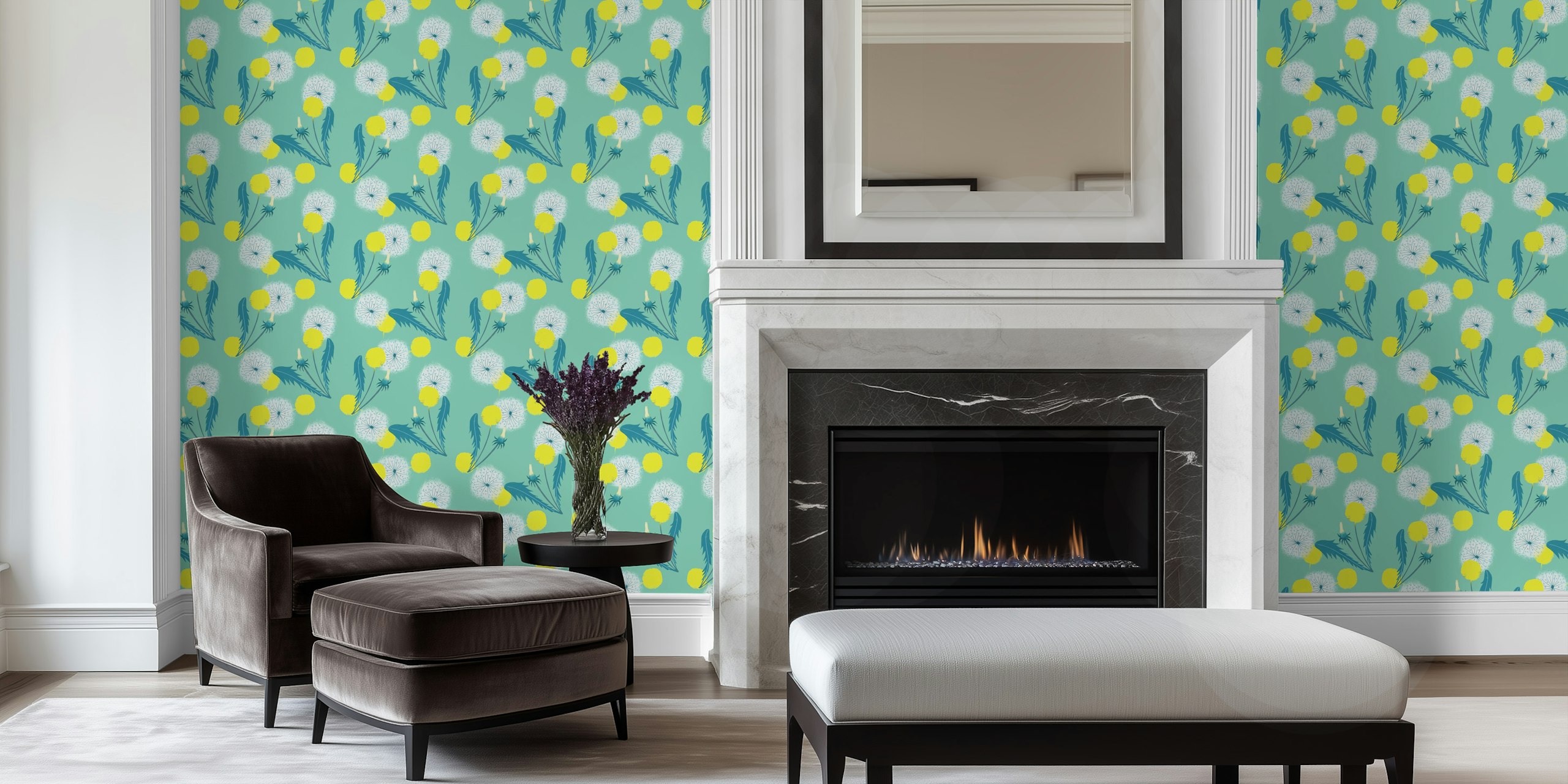 Dandelion mint wallpaper in a room setting