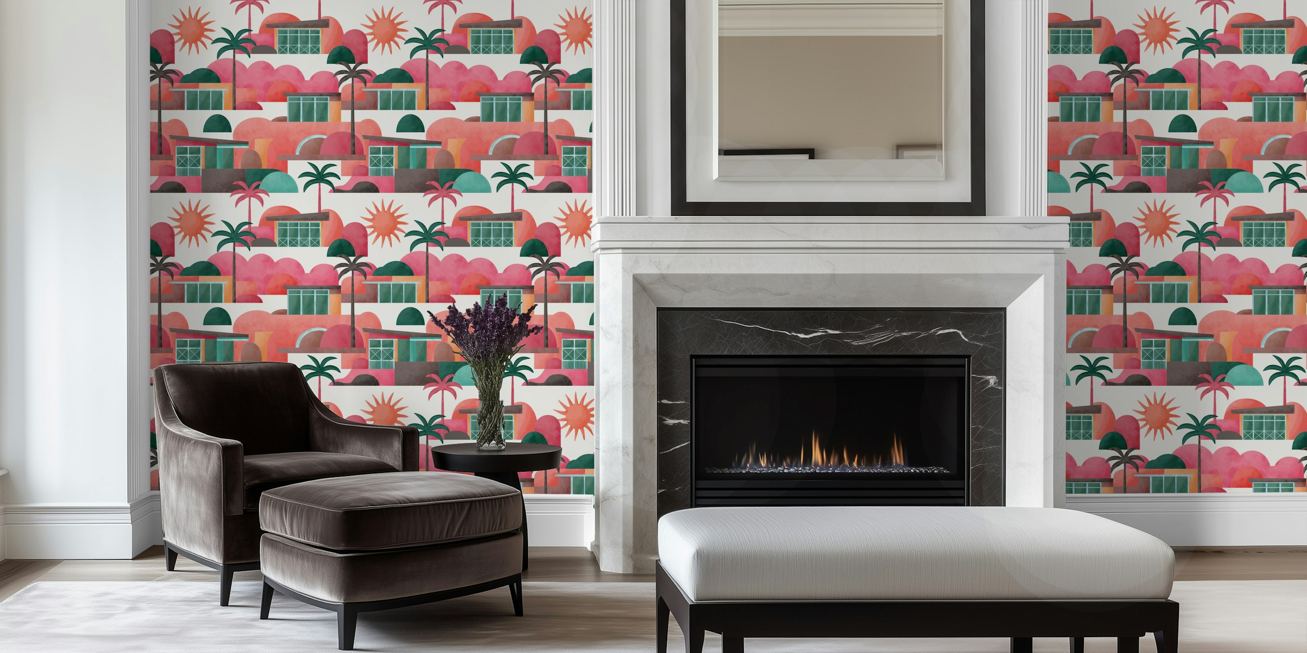 Tropical palm house mural wallpaper with pink, green, and orange colors.