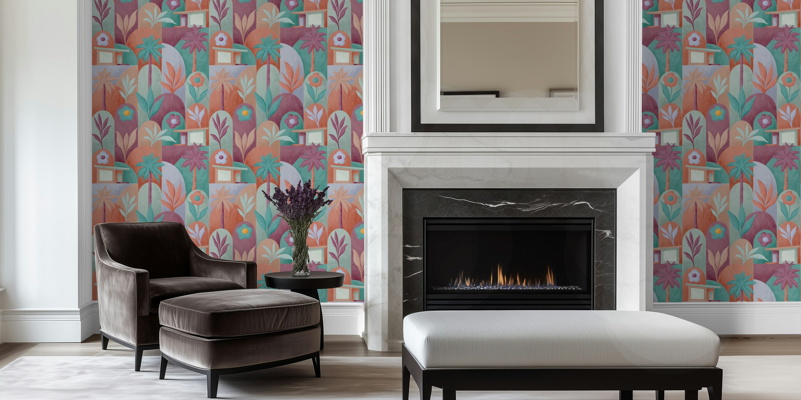 Tropical foliage and palm trees in earthy tones wallpaper