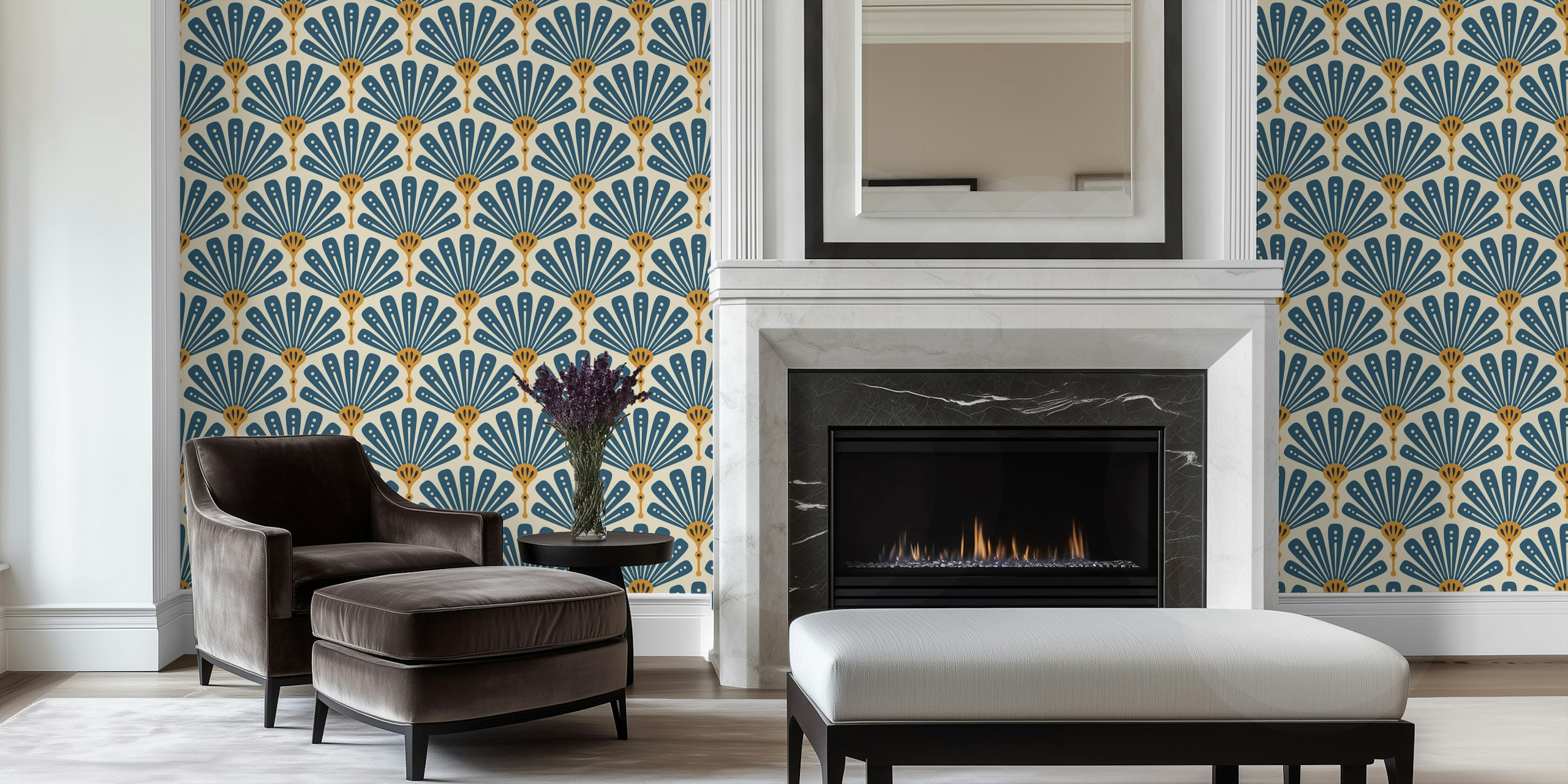 Scallop fan pattern in blue and yellow on light background wallpaper