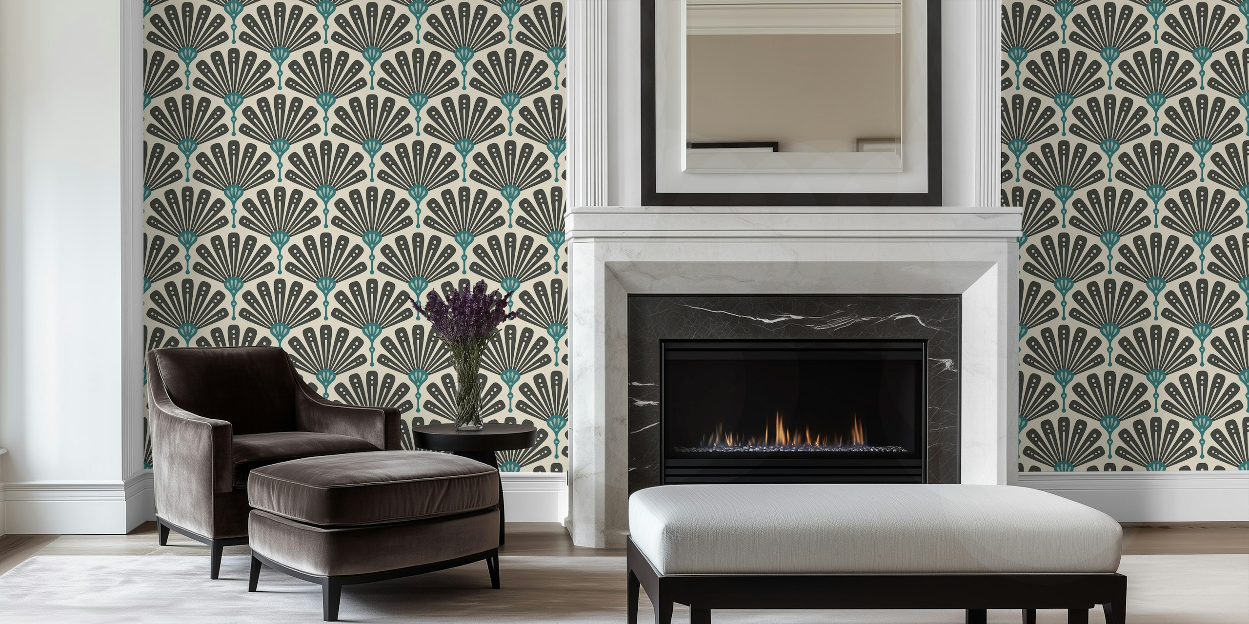 Art Deco scallop motif wallpaper in a room