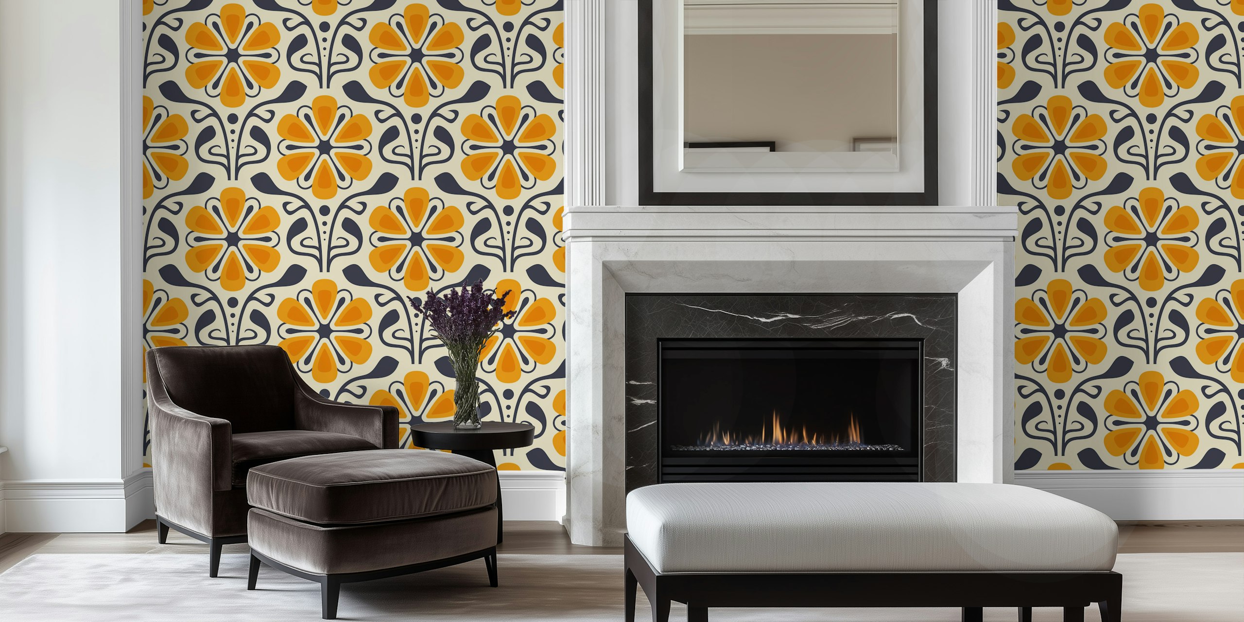 Classic Daisy wallpaper in een moderne kamer
