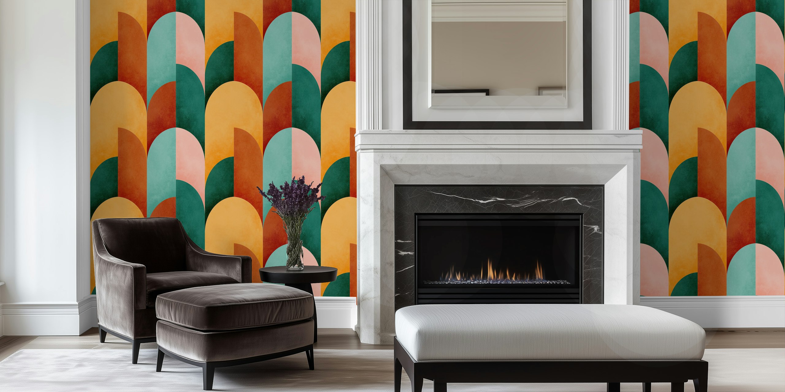 Mid century modern geometric wallpaper in orange, teal, and pink tones