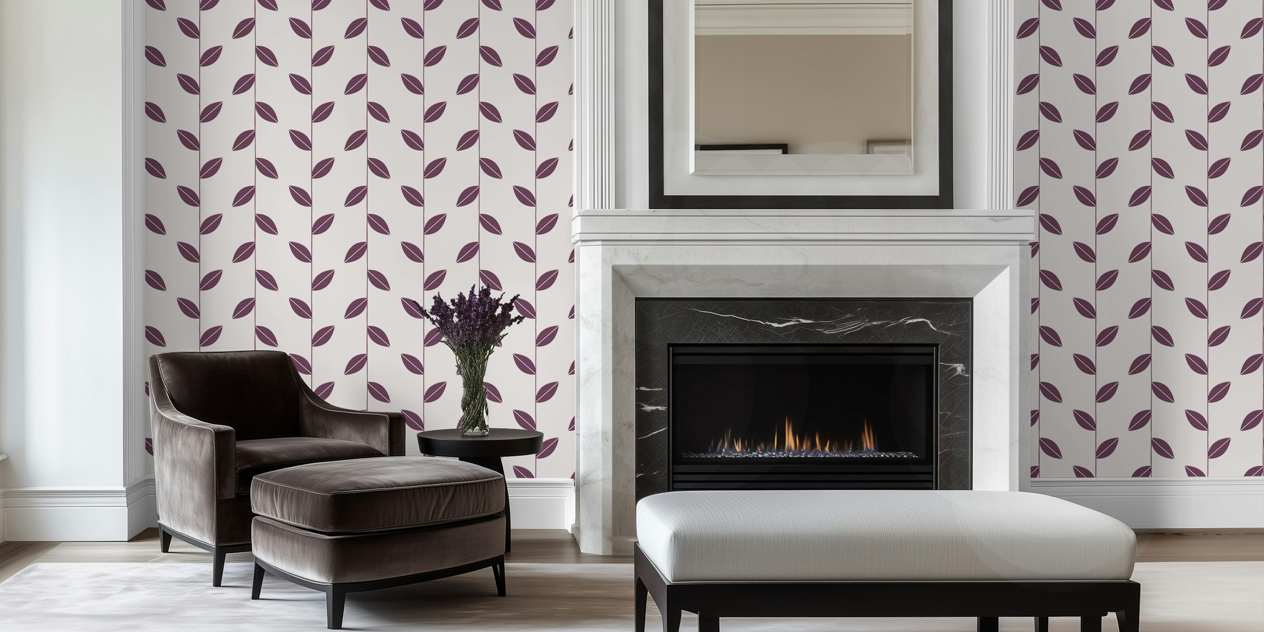 Leaf Elegance Plum Purple Beige wallpaper in de kamer