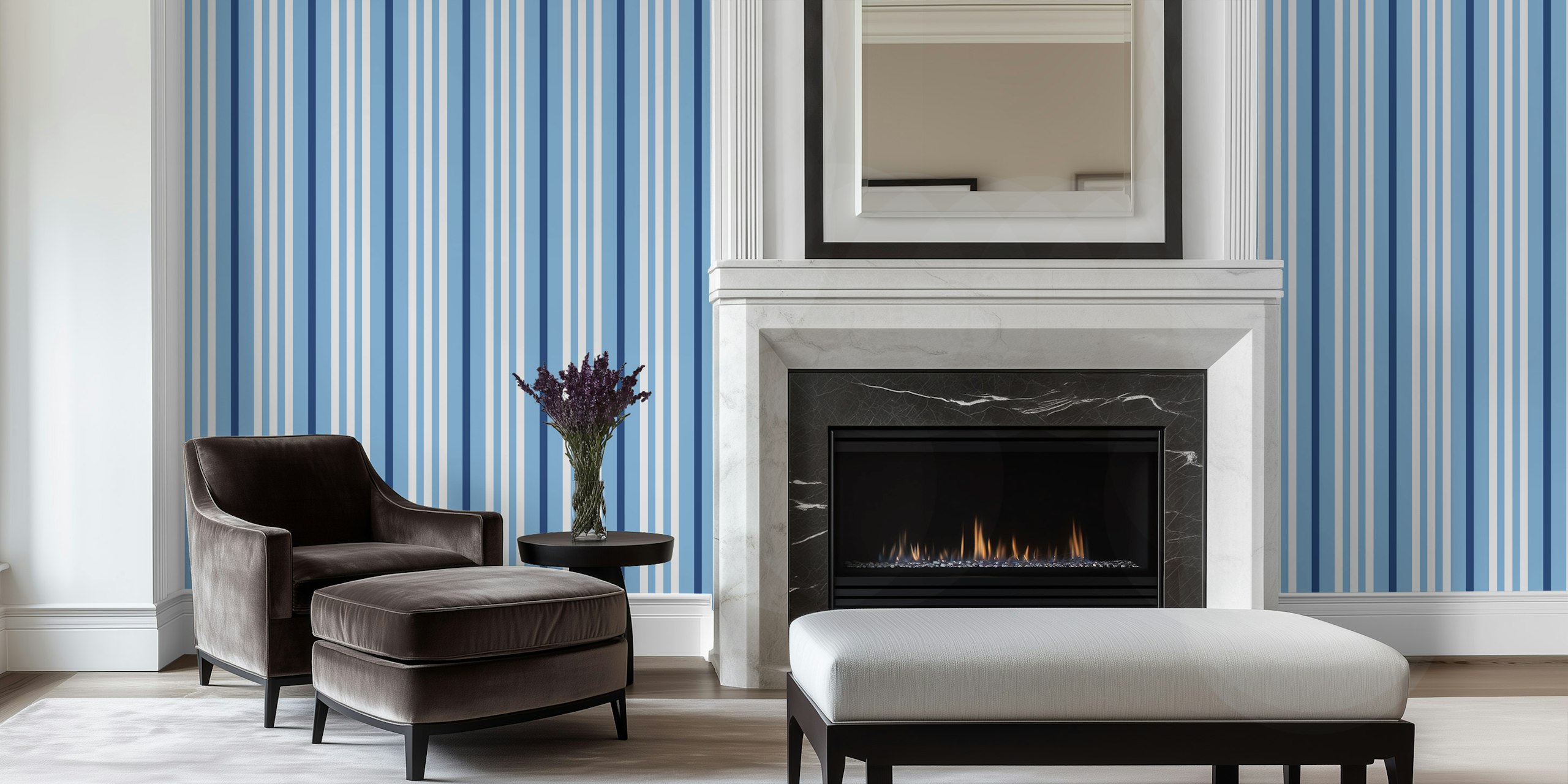 Blue and white vertical striped wallpaper design