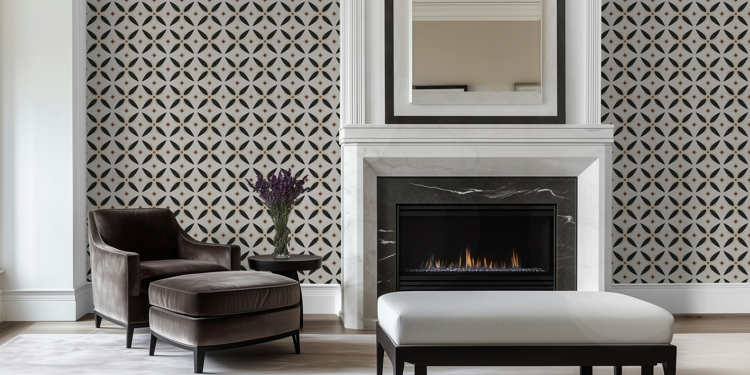 Black and beige star floral wallpaper with brown accents