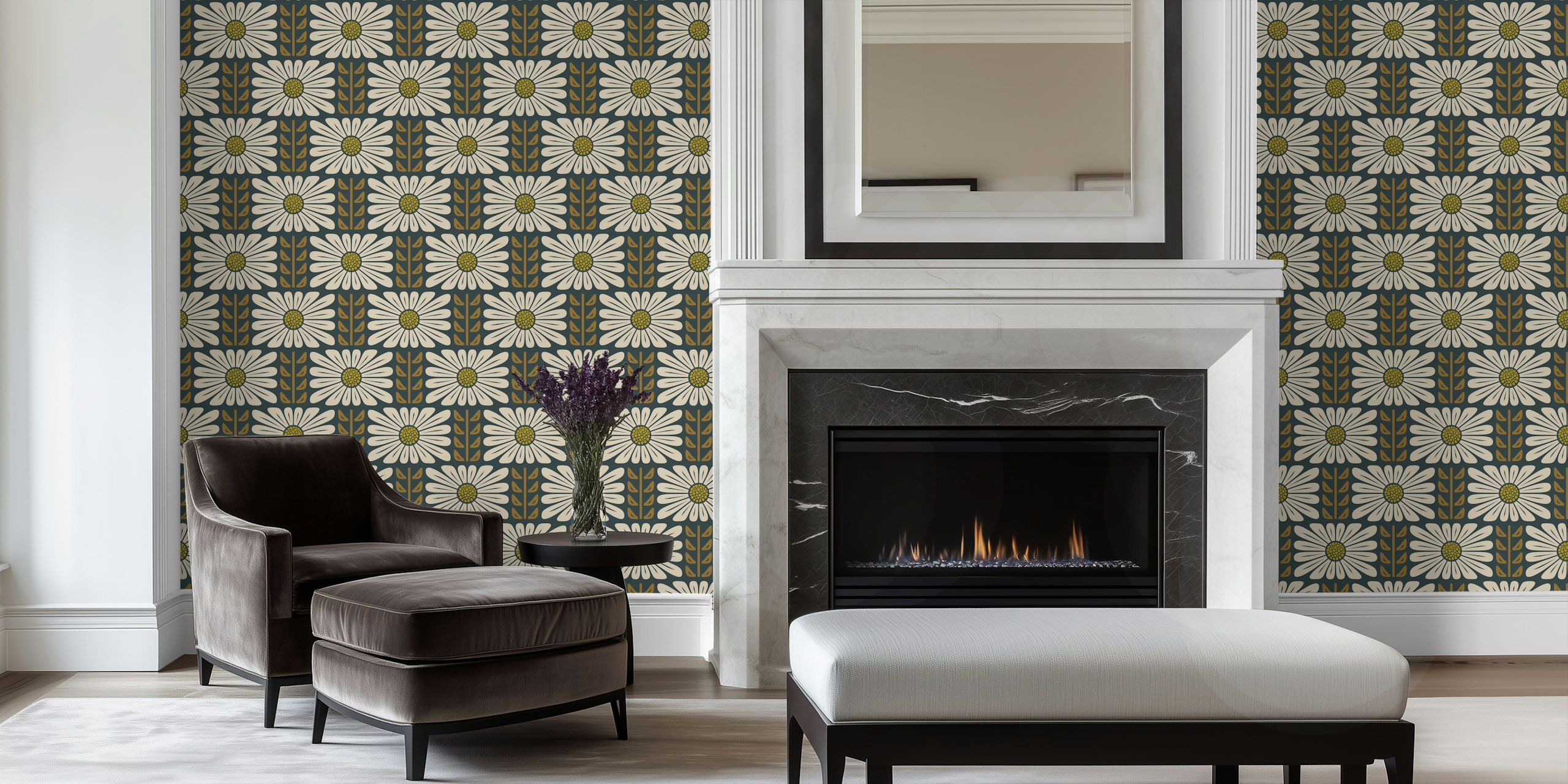 Papier peint Retro Chic Flowers in Brown dans une pièce