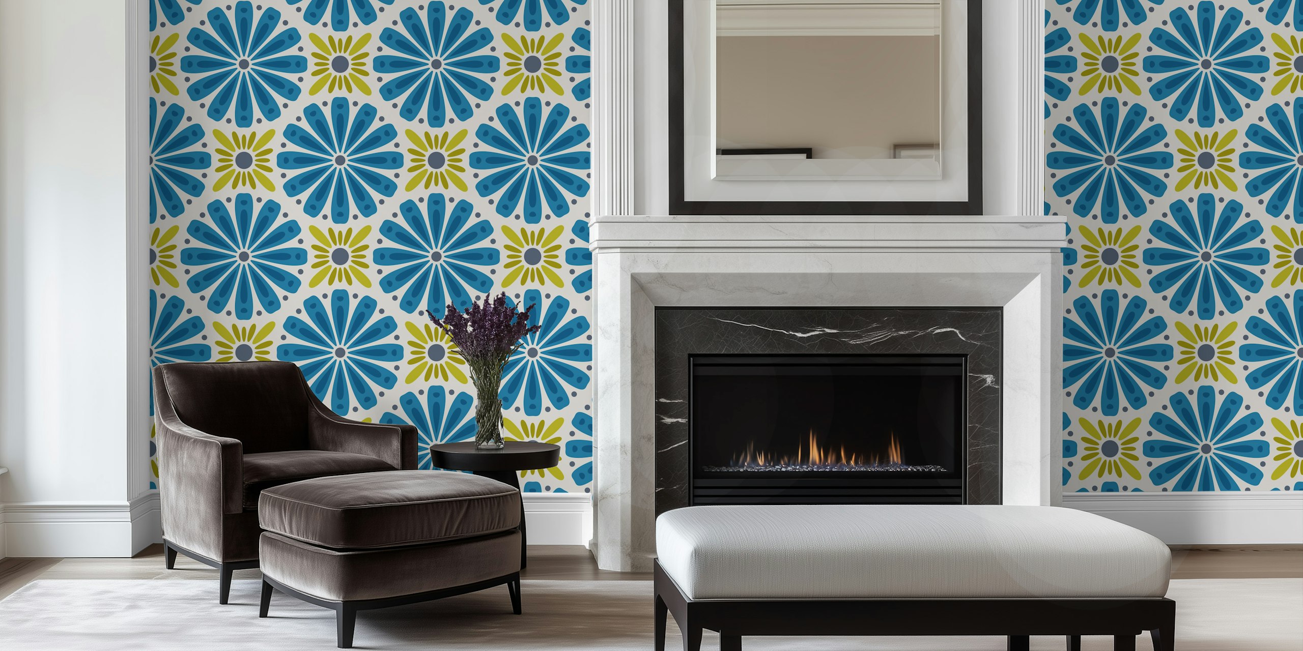 Blue and green floral pattern wallpaper featuring large flowers