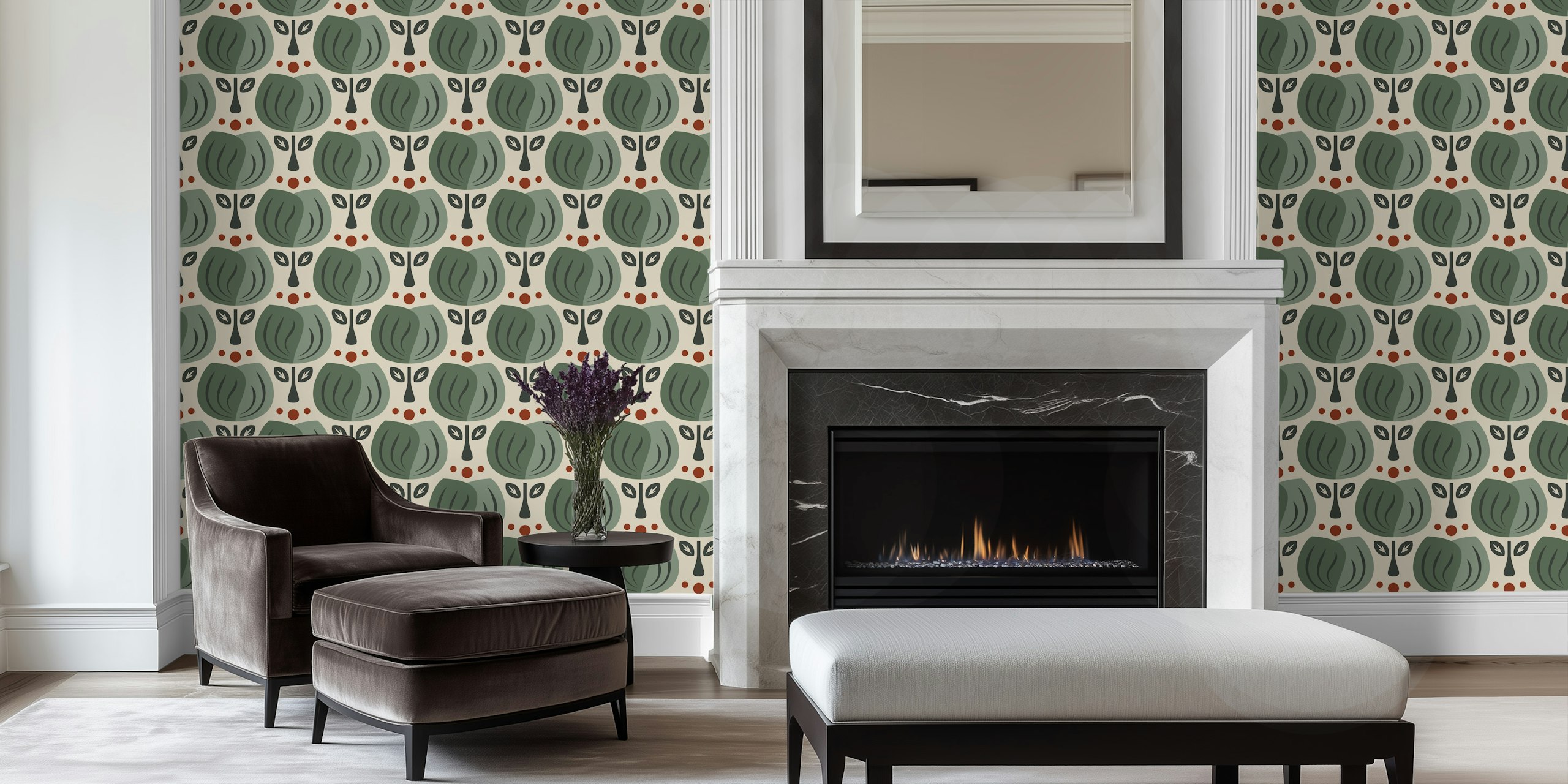 Green retro tulip design with leaves and circles wallpaper