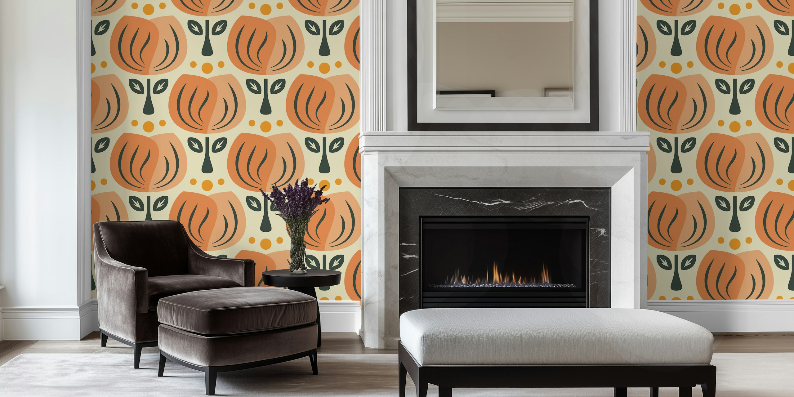 Retro Tulip Elegance wallpaper in een stijlvolle kamer