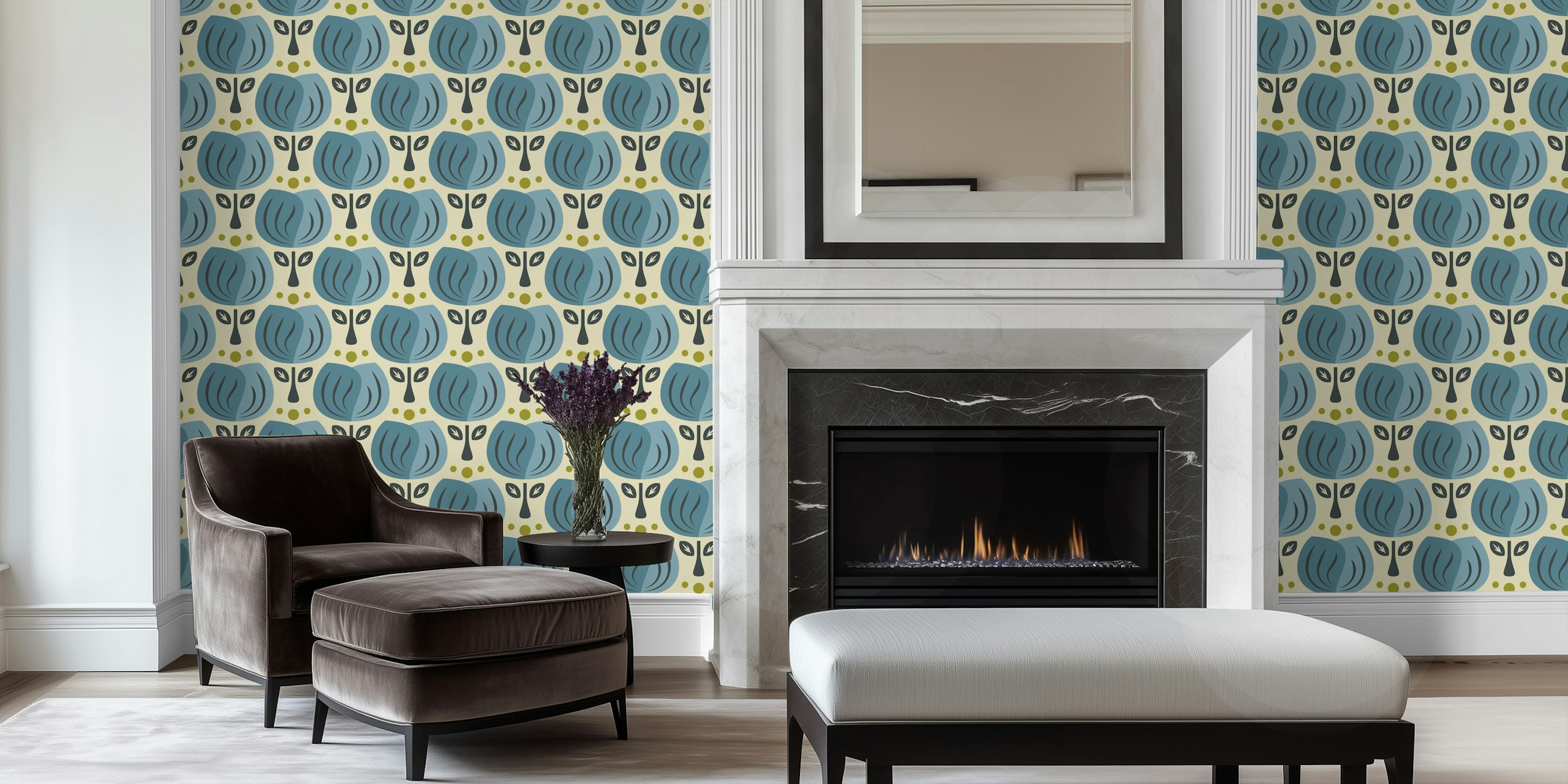 Retro Tulip Elegance in Blue tapetti huoneessa