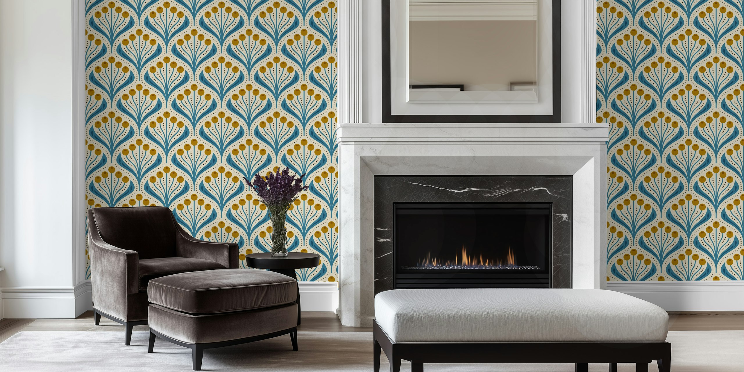 Floral pattern with blue and gold flowers on a beige background wallpaper