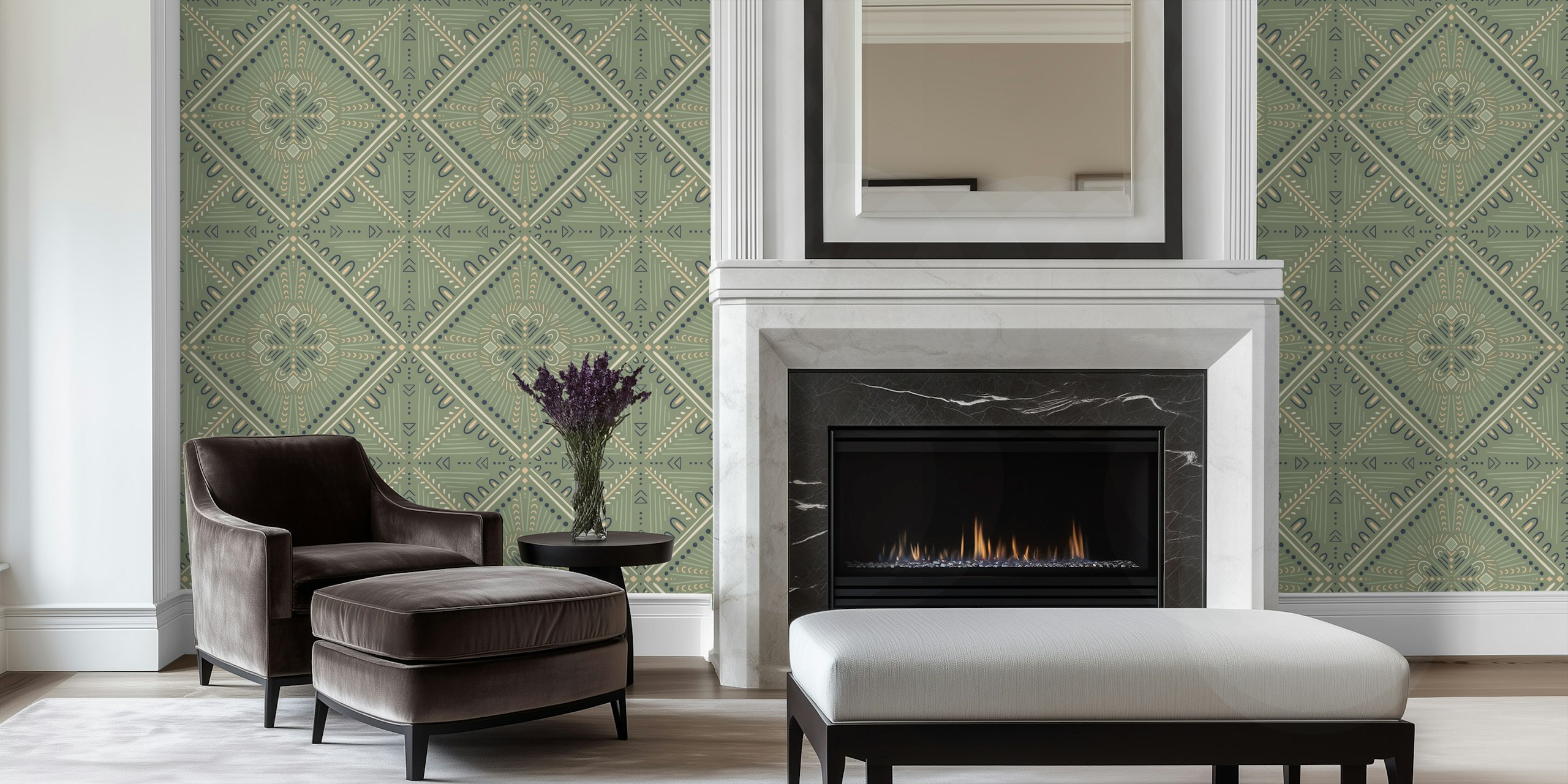 Boho Geometric Tile Sage Green tapet i et rom
