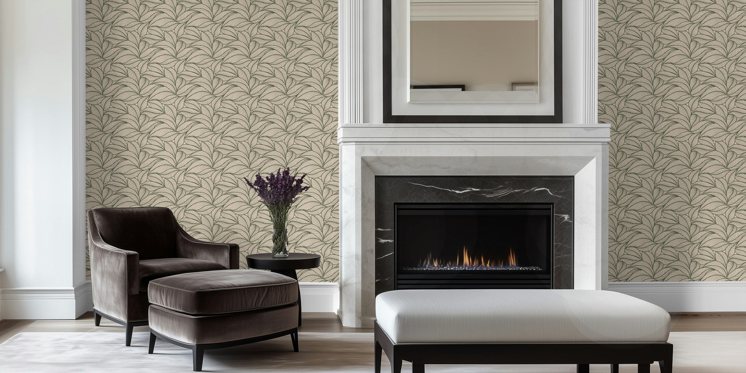 Green outlined leaf design on a soft pink background wallpaper