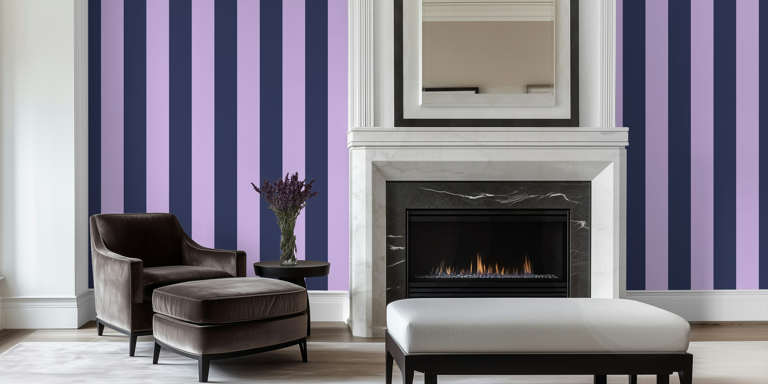 Lilac and navy blue awning stripe wallpaper in a room