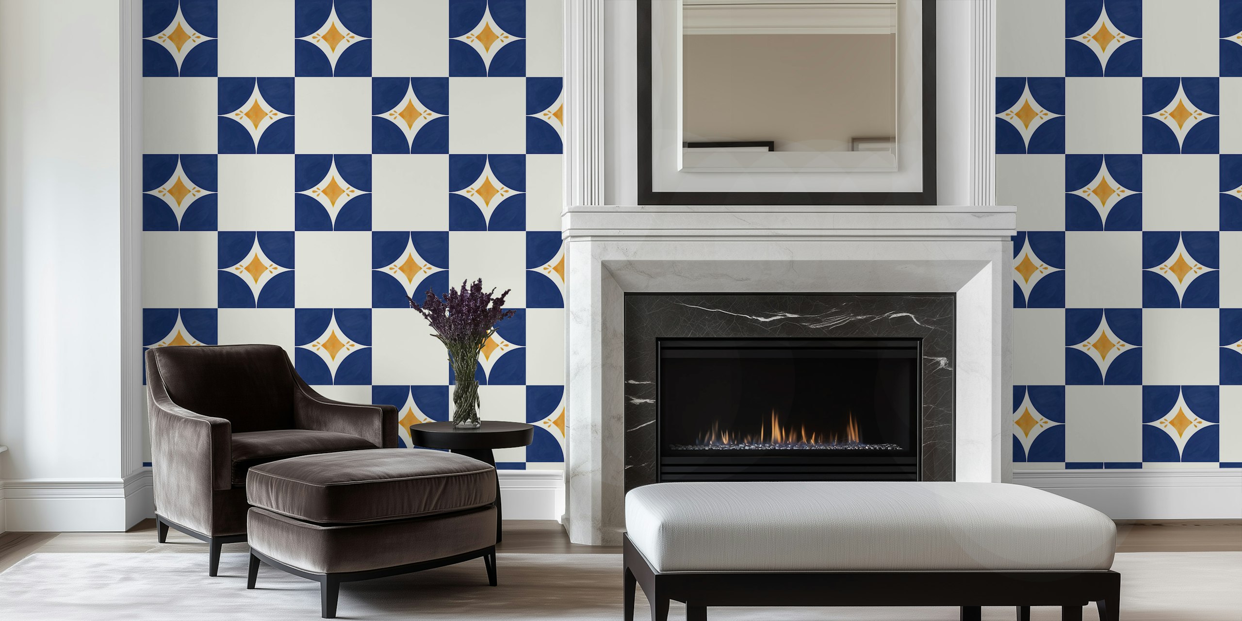Blue and cream tile patterned wallpaper