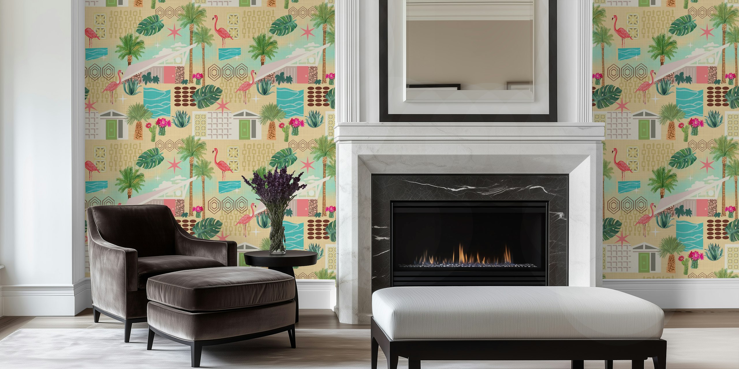Tropical palm leaves, pink flamingoes, geometric shapes wallpaper