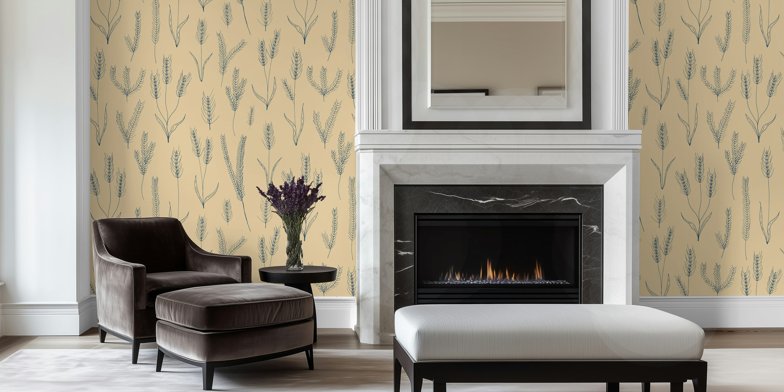 Denim and Bamboo Wheat Field wallpaper in a room
