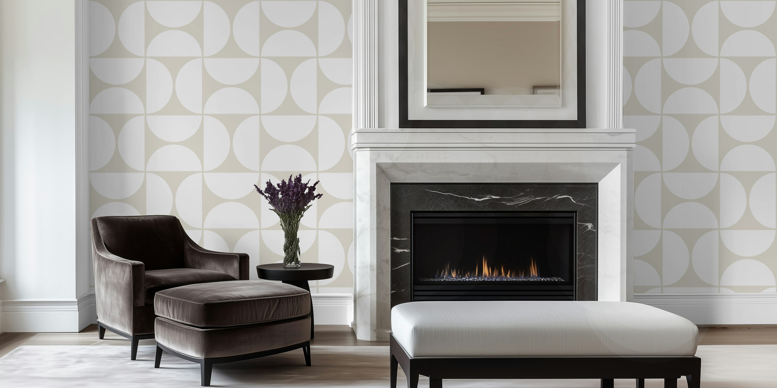 Geometric circles pattern in soft beige and white wallpaper