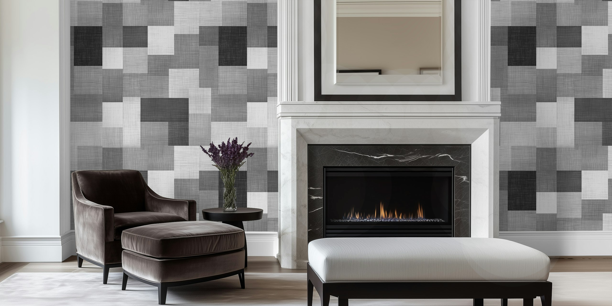 Papel de parede Monochrome Grid Harmony em um quarto