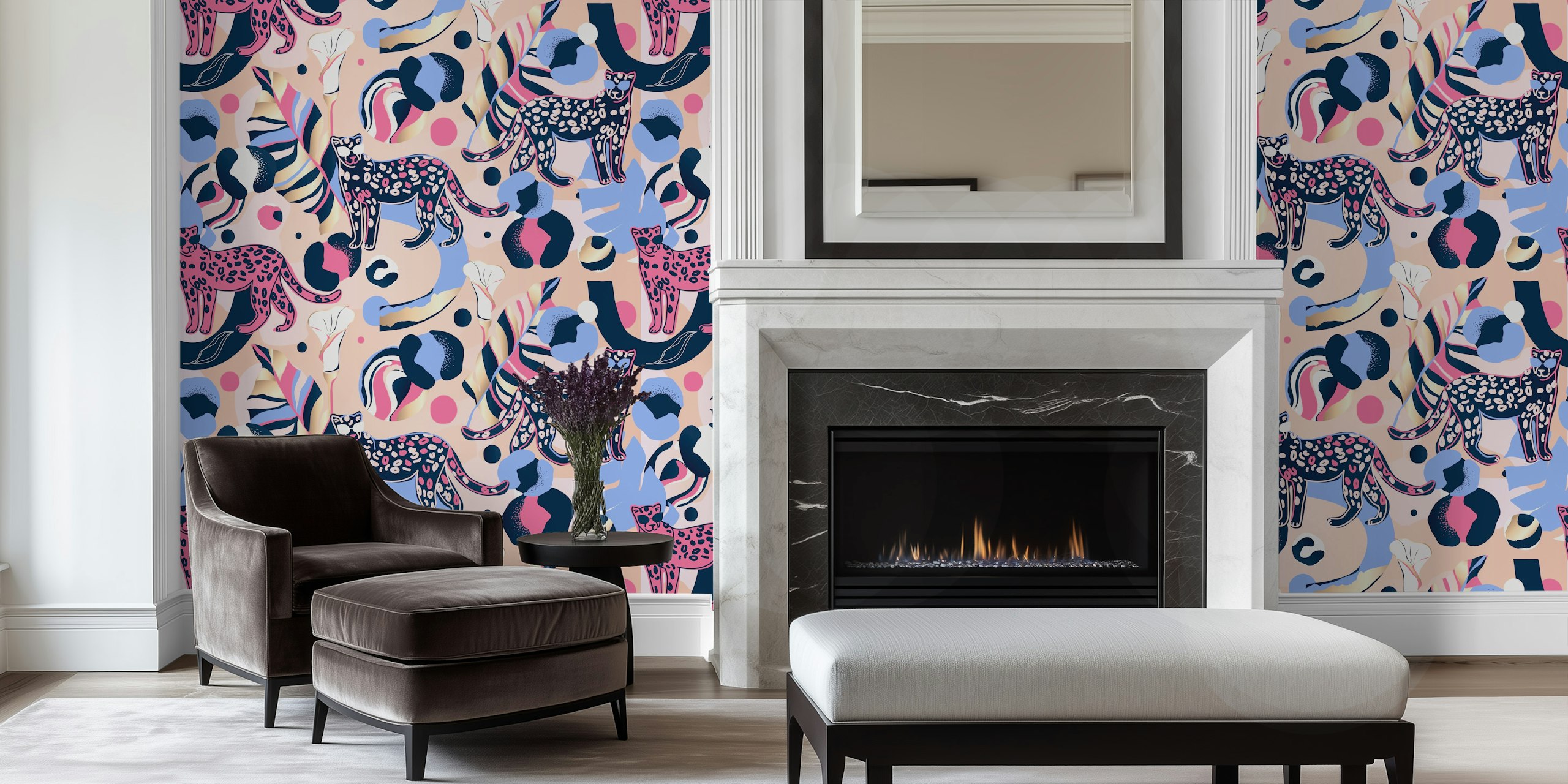 Leopard print design in pink, blue, and cream colors wallpaper