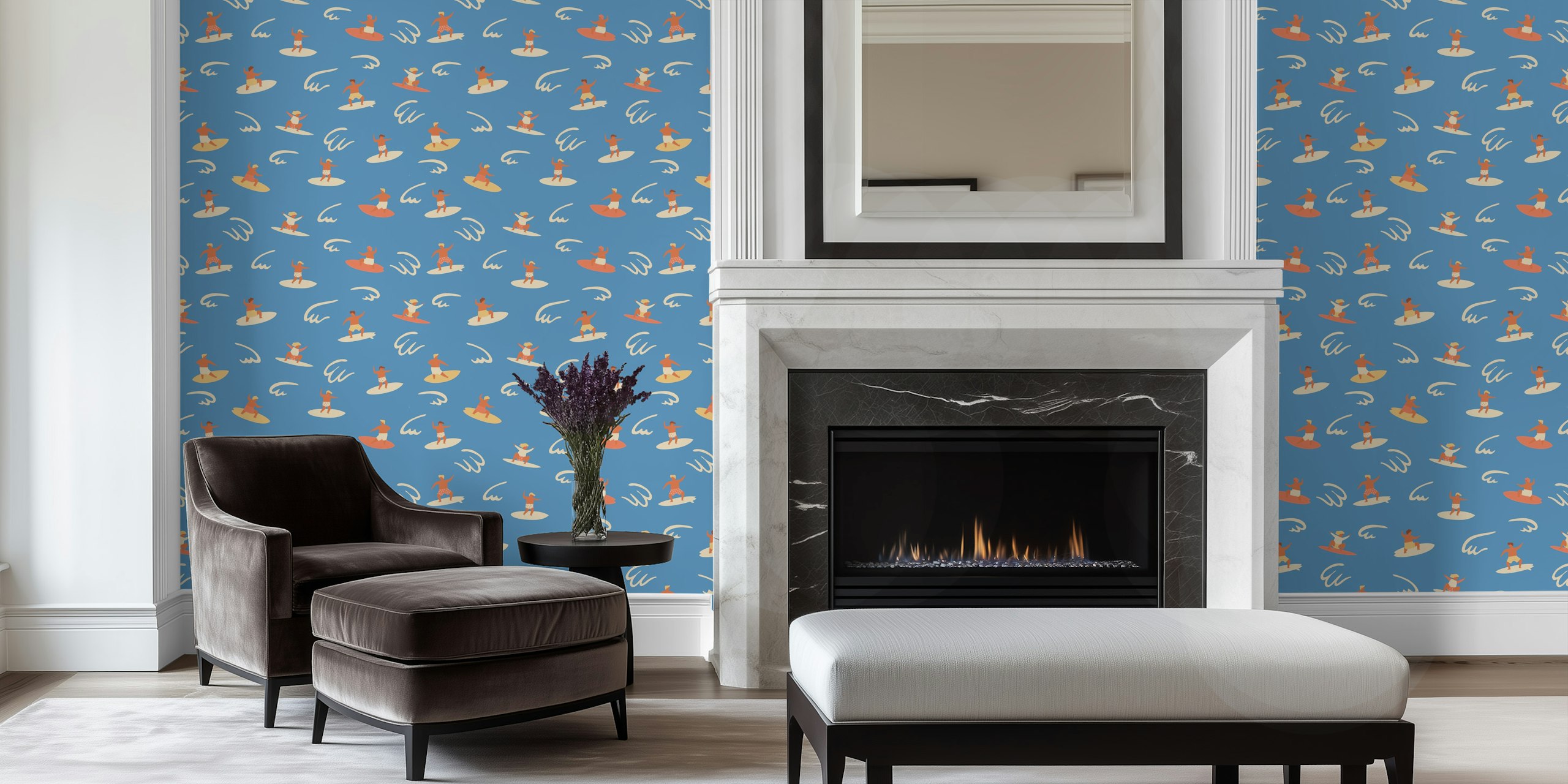 Illustrated wallpaper with children surfing